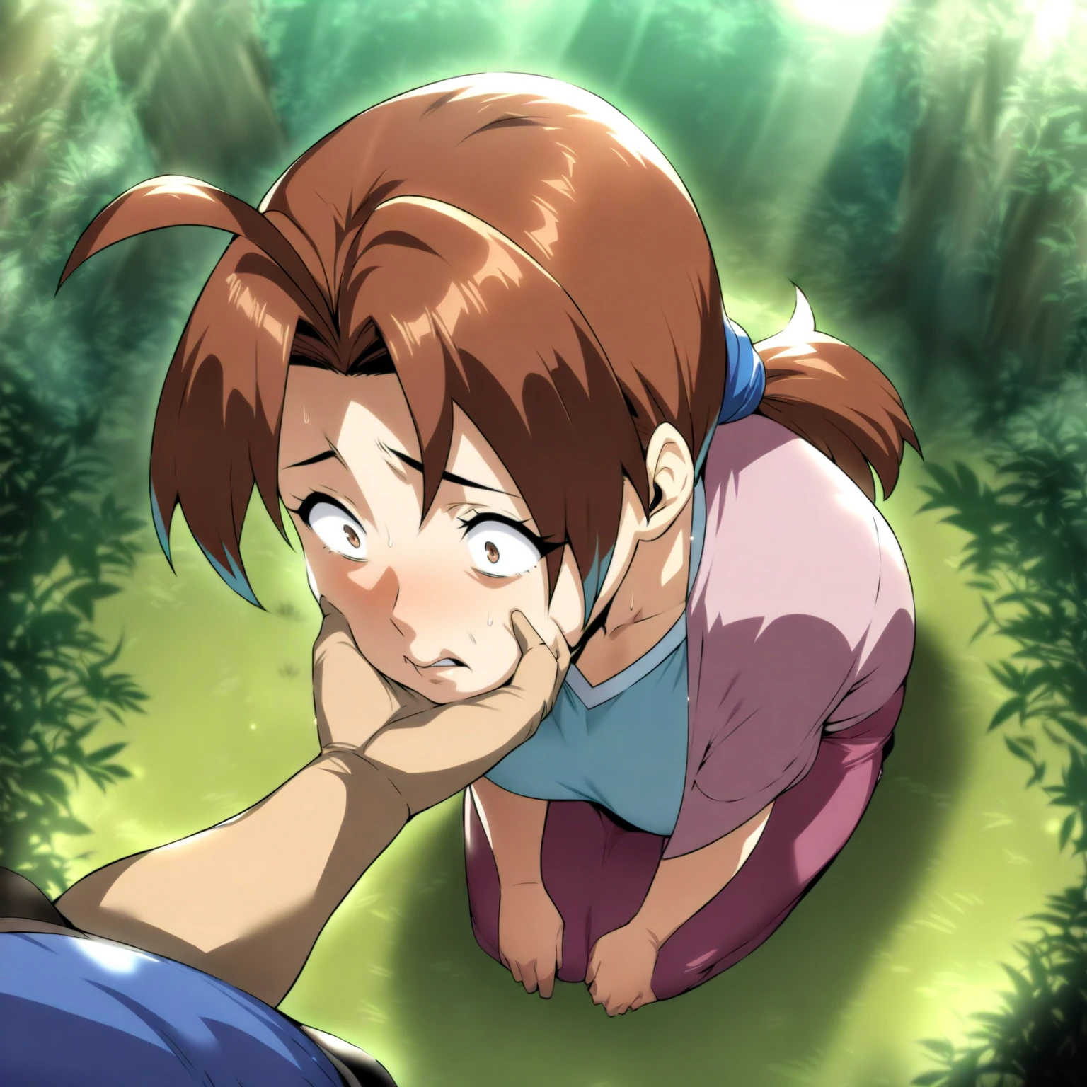 masterpiece, newest, (artist:orushibu. takeda hiromitsu:1.1), highres, 2023, 
chin grab, pov,
1girl, brown eyes, brown hair, ponytail, Delia Ketchum, Delia Ketchum (pokemon),mature female, scared, kneeling,
1boy, from above
outdoors, dim lighting, forest in background, sunlight, <lora:VillainousFaceHoldIllustriousXL_byKonan:1>