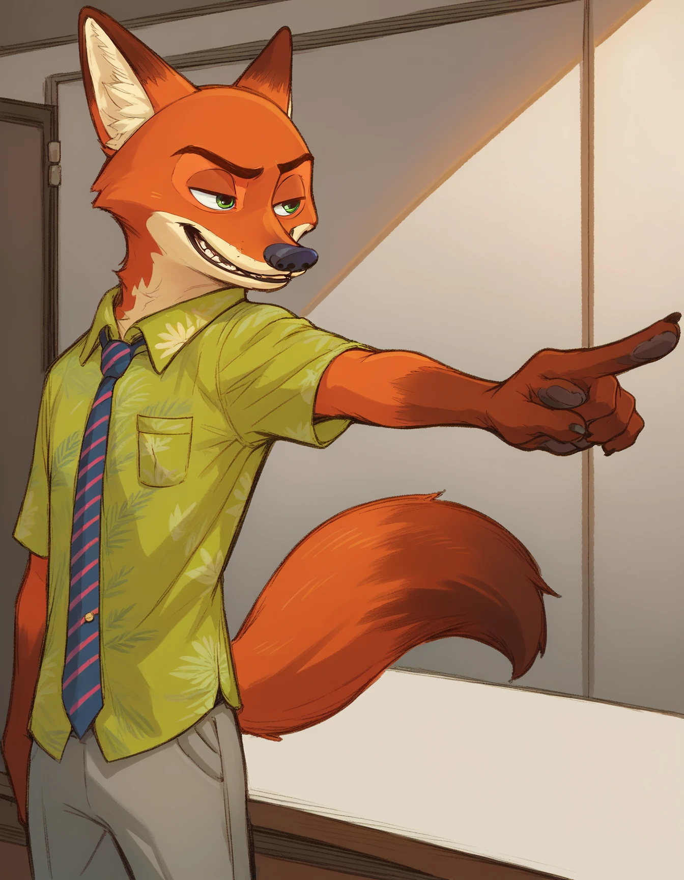 score_9, score_8_up, score_7_up, score_6_up, score_5_up, score_4_up
Nick_Wilde, solo, green hawaiian shirt, gray pants, fox tail, necktie, pwobjection, ((courtroom))
 <lora:Nick_Wilde_XL:0.7> 
 <lora:Objection_Pose_-_Pony:1>