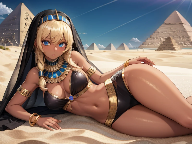 1girl,(egyptian_clothes:1.2),(dark skin:1.3),veil,silk,medium breasts,see-through,navel,gold,bare legs,gold trim,(sand on skin:1.2),glamor,on side,blue eyes,blonde hair,gem,choker,bracelet,jewelry,pyramid \(structure\),sunlight,
unparalleled masterpiece,finely detail,ultra detailed,8k,perfect artwork,Incredibly absurdres,HDR,highres,official art,perfect anatomy,, (masterpiece, best quality:1.4),