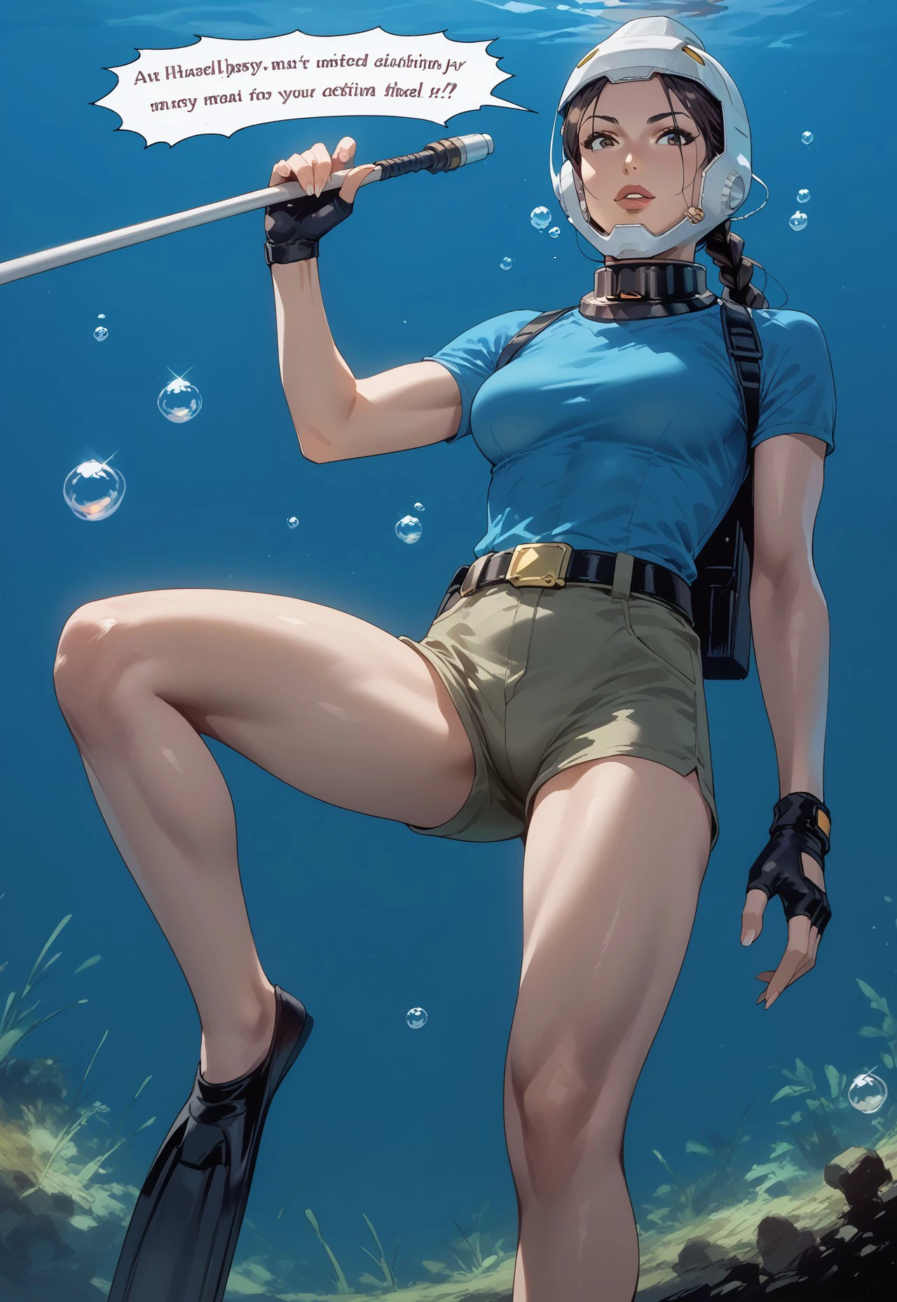 score_9, score_8_up, score_7_up, score_6_up, source_anime:0.75, source_cartoon:0.25,
BREAK
enclosed divehelm-tr, 1girl, lara croft, solo, comic, holding weapon, shorts, shirt, fingerless gloves, english text, spear gun, metal collar, neck sleeve, tinted visor, bubble, underwater, breathing tube, low ponytail, single braid, air bubble, black flippers, pouch, parted lips, lips, headlamp, wreckage, nails, belt
