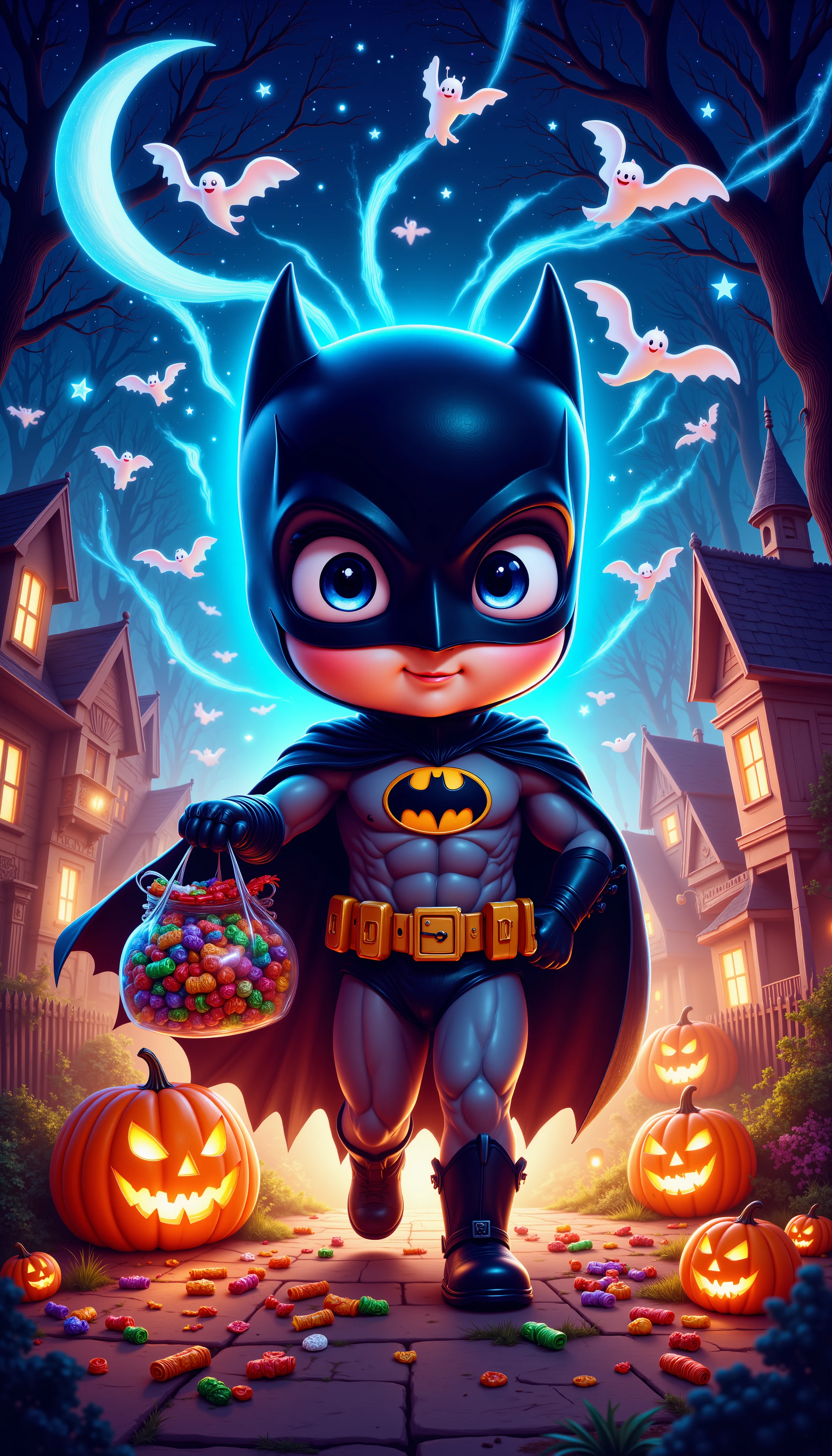 A vibrant, cartoon-style depiction of a teen cosplaying as Batman holding a bag full of candy while trick-or-treating around the block., <lora:Flux_Trick or Treat ð»ð¬_epoch_5.safetensors:1.1:1.1>