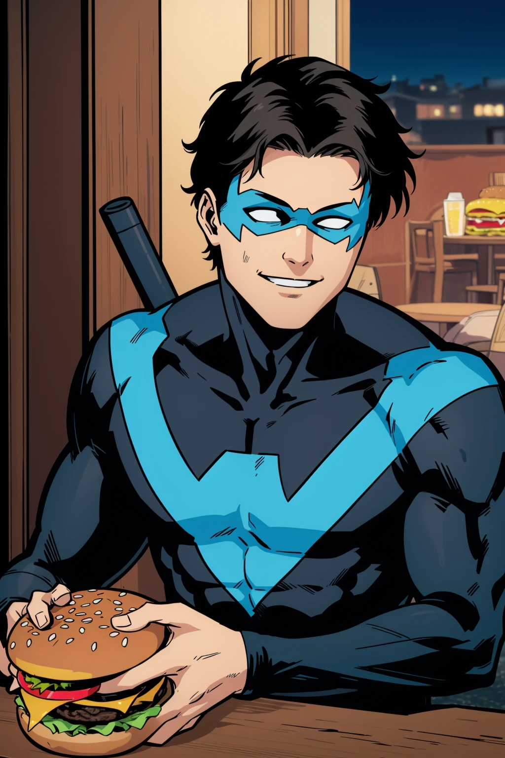 Nightwing,1boy,solo,black hair,short hair,domino mask,no pupils,black and blue bodysuit,superhero, hamburger, table, upper body, smile, masterpiece, Best quality