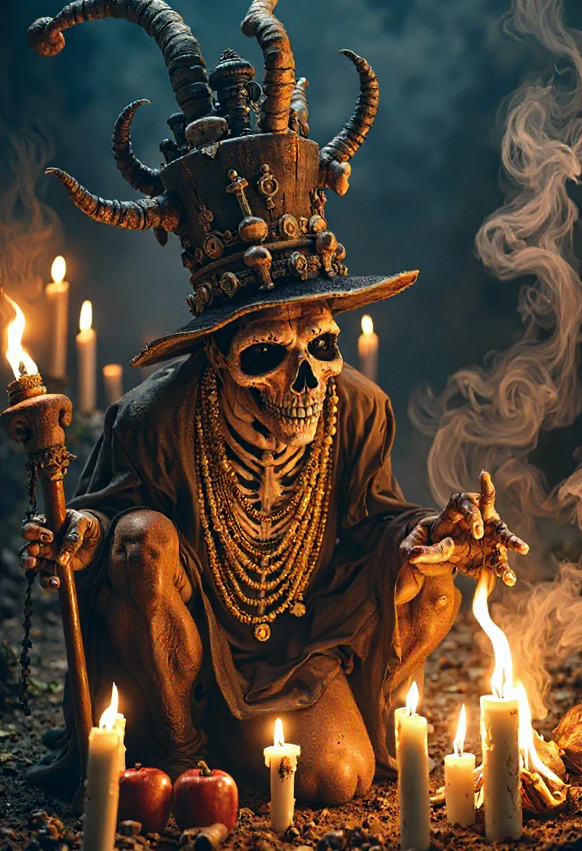 8k , uhd, masterpiece , baron_samedi,An intense  photo of Baron Samedi performing a voodoo ritual. He holds a cane and a lit cigar, his skeletal face makeup glowing faintly under the moonlight. The ritual scene is bathed in dark shadows, with symbols drawn in the dirt around him.the scene is on a graveyard, Many candles lit around him.