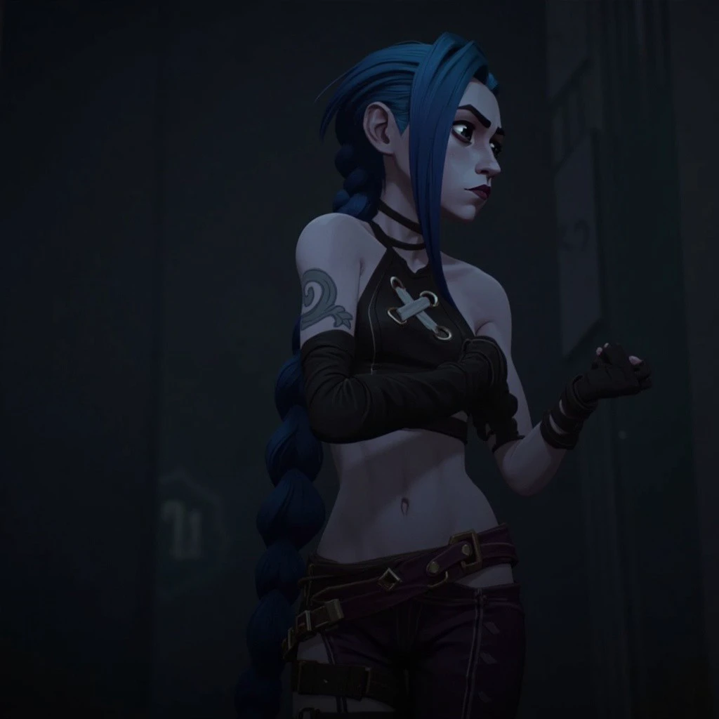 Jinx, 
The image is a dark, moody CGI rendering of a young woman with a distinctly gothic aesthetic. She is depicted in a dramatic, somewhat melancholic pose, leaning forward with her arms crossed and her head tilted back, gazing up. Her skin is pale, and she has a slender, athletic build. She has a distinctive hairstyle, with long, blue hair styled in a thick braid that falls over her shoulder and partially obscures her face.