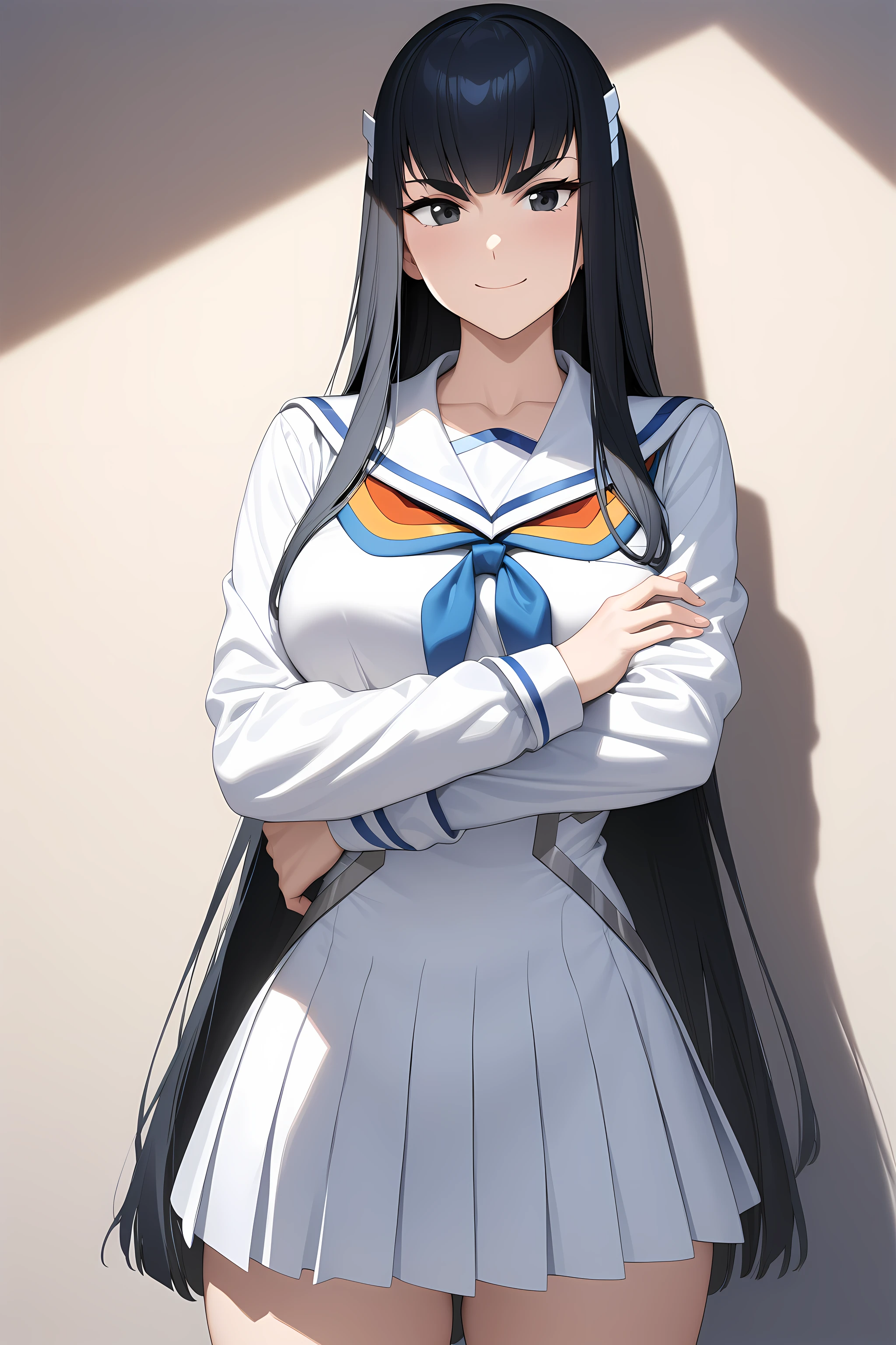 kiryuin_satsuki, black hair, long hair, schooluniform, white uniform, black eyes, cowboy shot, crossed arms, smile, <lora:Kiryuin_Satsuki_-_Kill_La_Kill:1>, (masterpiece),(best quality),(ultra-detailed),(best illustration),(best shadow),(absurdres),(detailed background),(very aesthetic),