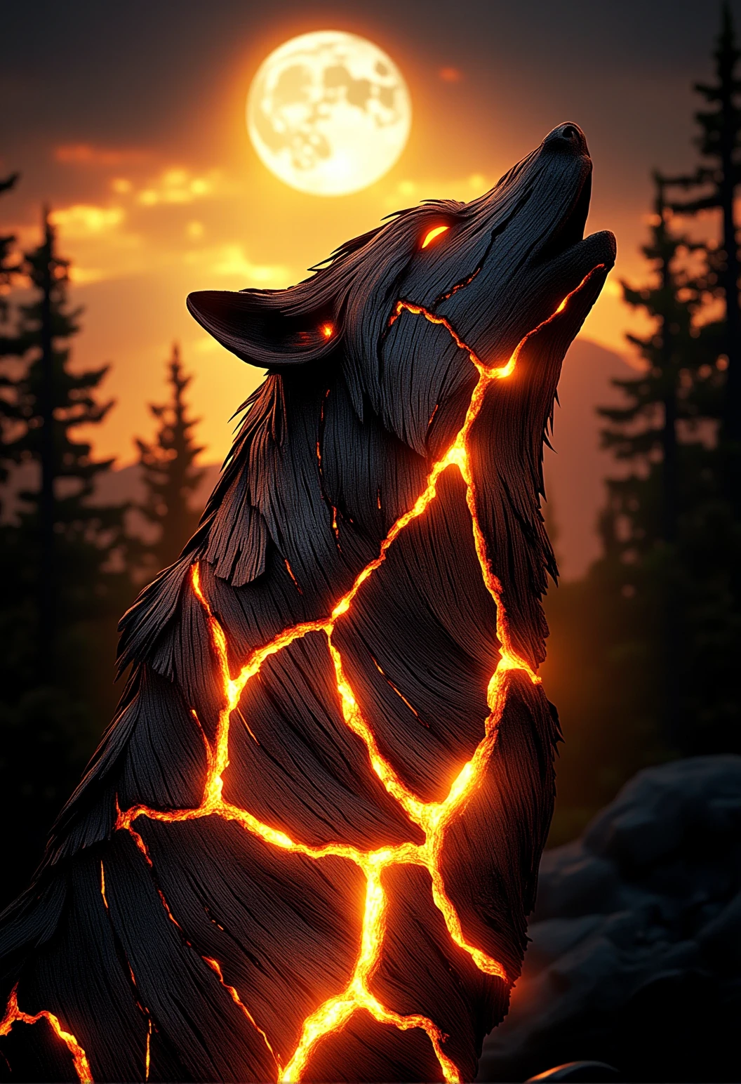 A close-up of a wolf howling at a glowing moon, with barely visible wooden patterns in its fur, casting a faint, warm glow|A close-up of a tree with ember-like veins glowing faintly against a fiery twilight sky, small patches of bark showing faint glowing wood, gently illuminating the scene}|A wide-angle shot of a majestic deer standing in a glowing forest, its fur merging with wooden patterns that glow faintly in the soft light}|A panoramic view of a glowing wooden temple at dusk, flickering embers within the wooden veins of the structure, glowing faintly as the light fades}|A massive dragon flying over a mountain range at twilight, glowing wooden cracks running along its wings, casting faint light onto the ground below|A mythical phoenix rising from glowing wooden ashes, its wings merging with soft, glowing wooden veins, radiating warmth as it soars}} Epic cinematic lighting, soft glowing wood textures, subtle embers, dramatic shadows, backlit glow, high contrast, silhouetted figures against light, deep focus, ultra-realistic details, vivid colors, high dynamic range, volumetric lighting, breathtaking scale, photorealism, hyper-sharp focus, intricate details, stunning cinematic atmosphere. , <lora:bv-glowing-wood-v1.safetensors:1.0:1.0>