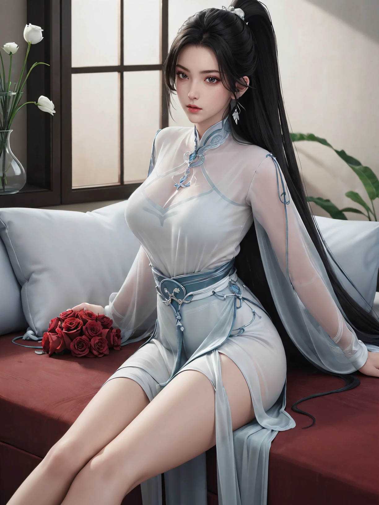 masterpiece,detail clothes,high detail,best quality,8k,absurdres,highres,
<lora:ningyao-Vision:0.7>,ningyao,1girl,solo,dress,earrings,large breasts,hair ornament,black hair,closed mouth,expressionless,thin,jewelry,ponytail,long hair,(pale skin:1.3),(shiny skin:1.2),(white skin:1.2),looking at viewer,see-through,long dress,pelvic curtain,
living room,modern sense,glass vase,red rose,perfect light,shiny,glowing,(blight:1.4),shiny,window,sunlight,
side slit,bare legs,(lying:1.2),on back,pillow,arm support,