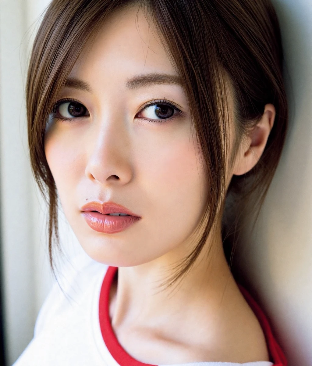 shiraishi,The image is a close-up portrait of a young Asian woman with long, straight hair. She has a serious expression on her face and is looking directly at the camera. Her hair is styled in loose waves and falls over her shoulders. She is wearing a white shirt with a red collar. The background is blurred, so the focus is on the woman's face. The lighting is soft and natural, highlighting her features. The overall mood of the image is serious and contemplative.