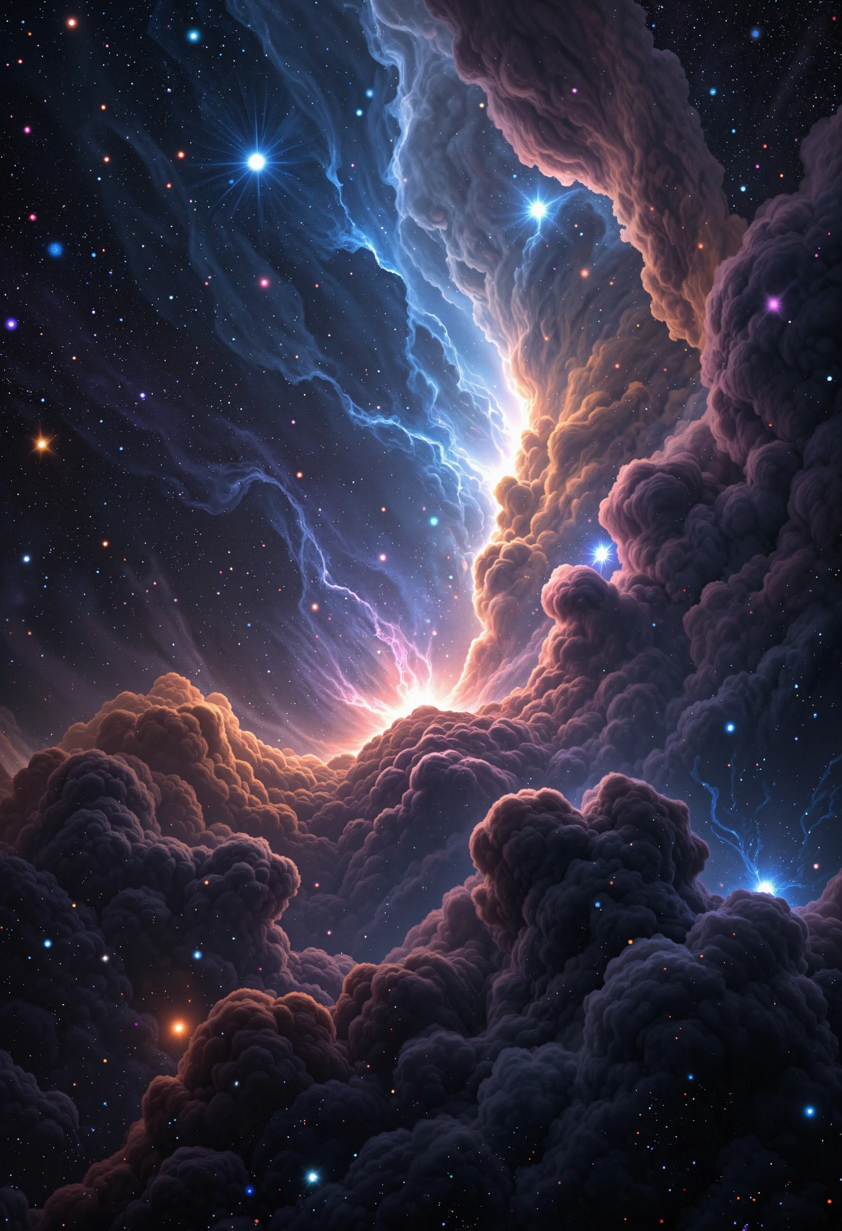 Nebula-born celestial. Star nursery. Cosmic dust, Hubble telescope imagery, gas clouds, stellar formations, deep space colors, hyper-detailed nebulae, by John Harris