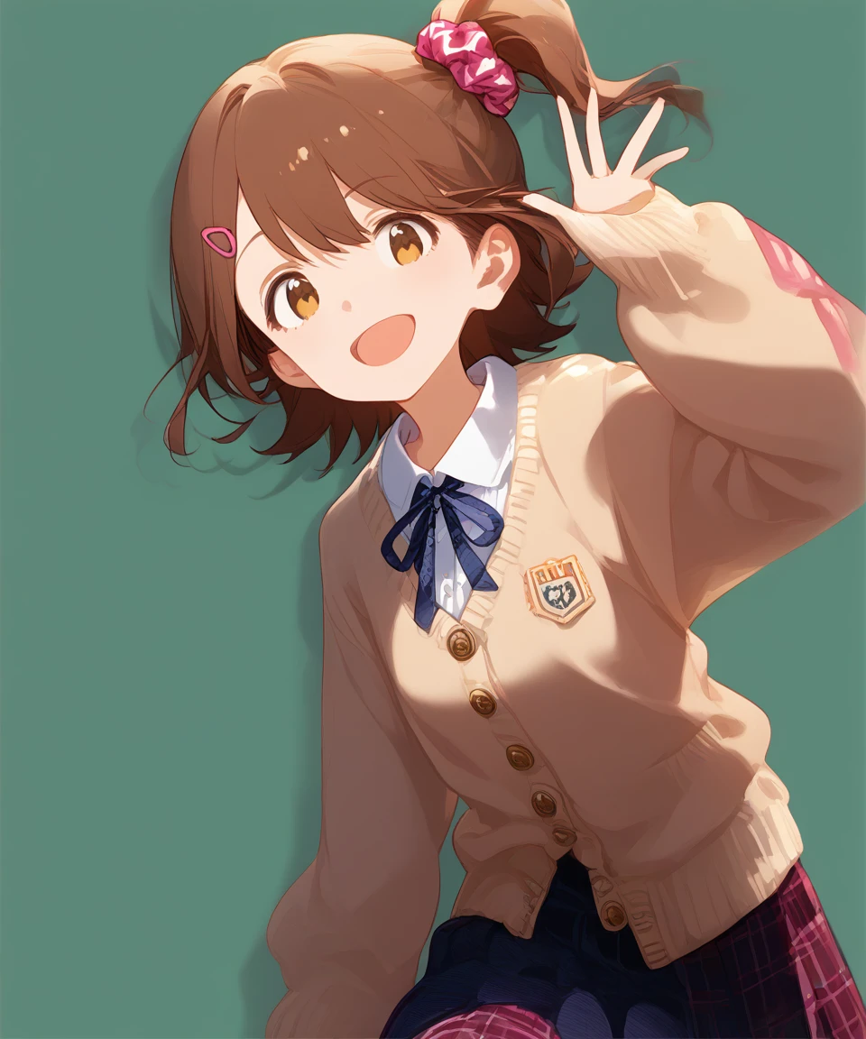 score_9,score_8_up,score_7_up,source_anime,<lora:æªæ¥p:1>,1girl, solo, brown hair, one side up, skirt, hair ornament, scrunchie, hairclip, open mouth, smile, plaid skirt, plaid, waving, green background, brown eyes, looking at viewer, school uniform, hair scrunchie, :d, cardigan, simple background, socks, pleated skirt, red skirt, kneehighs, short hair