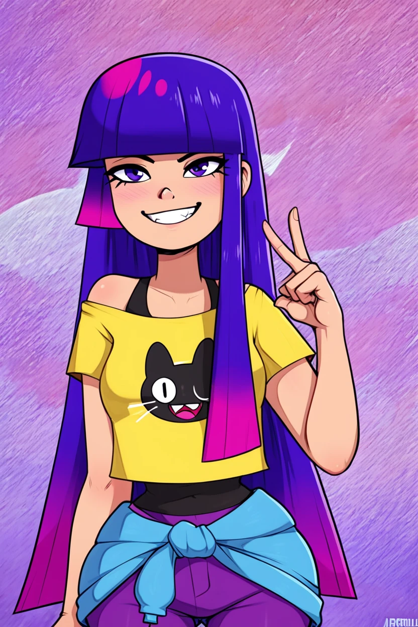 score_9, score_8_up, score_8, medium breasts, (curvy), cute, eyelashes,       BREAK, ,  ,,, zzMiko, long hair, purple hair, blunt bangs, multicolored hair, yellow shirt, short sleeves, t-shirt, print shirt, off shoulder, animal print, jewelry, purple pants, blue jacket around waist,  <lora:MikoKubota_PDXL_v2:0.8>,  ,,,  , BREAK, <lora:Afrobull_PDXL_v4:0.8>,  ,,, BREAK, smile, looking at viewer, closed mouth, cowboy shot,  ,,, embedding:zPDXL, Expressiveh, ,,, <lora:SDXLFaeTastic2400:0.5>, <lora:Expressive_H-000001:0.4>,