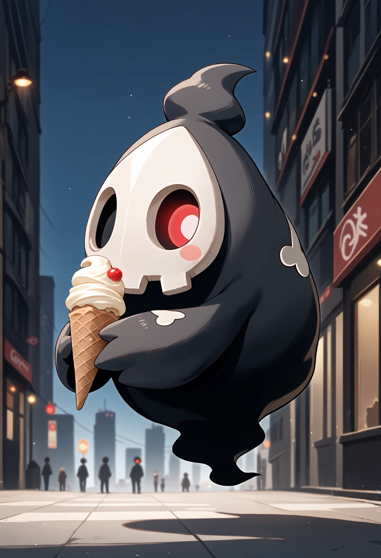 score_9, score_8_up, score_7_up, source_anime, full body, holding ice cream, <lora:DuskullPKMN-pdxl:1> dusku11, pokemon \(creature\), no humans, mask, red eyes, ghost, blush stickers, city