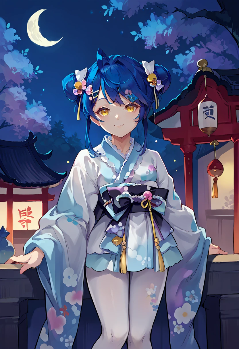 score_9, score_8_up, source_anime,  1girl, solo, KokoroYkta, yellow eyes, blue hair, twin bun, hair bun, ahoge, hair bow, hair ornament, white kimono, gradient kimono, print kimono, black sash, white pantyhose, outdoors, shrine, night, moon, smile, <lora:ChamAmamiyaKokoroPonyXL:1>