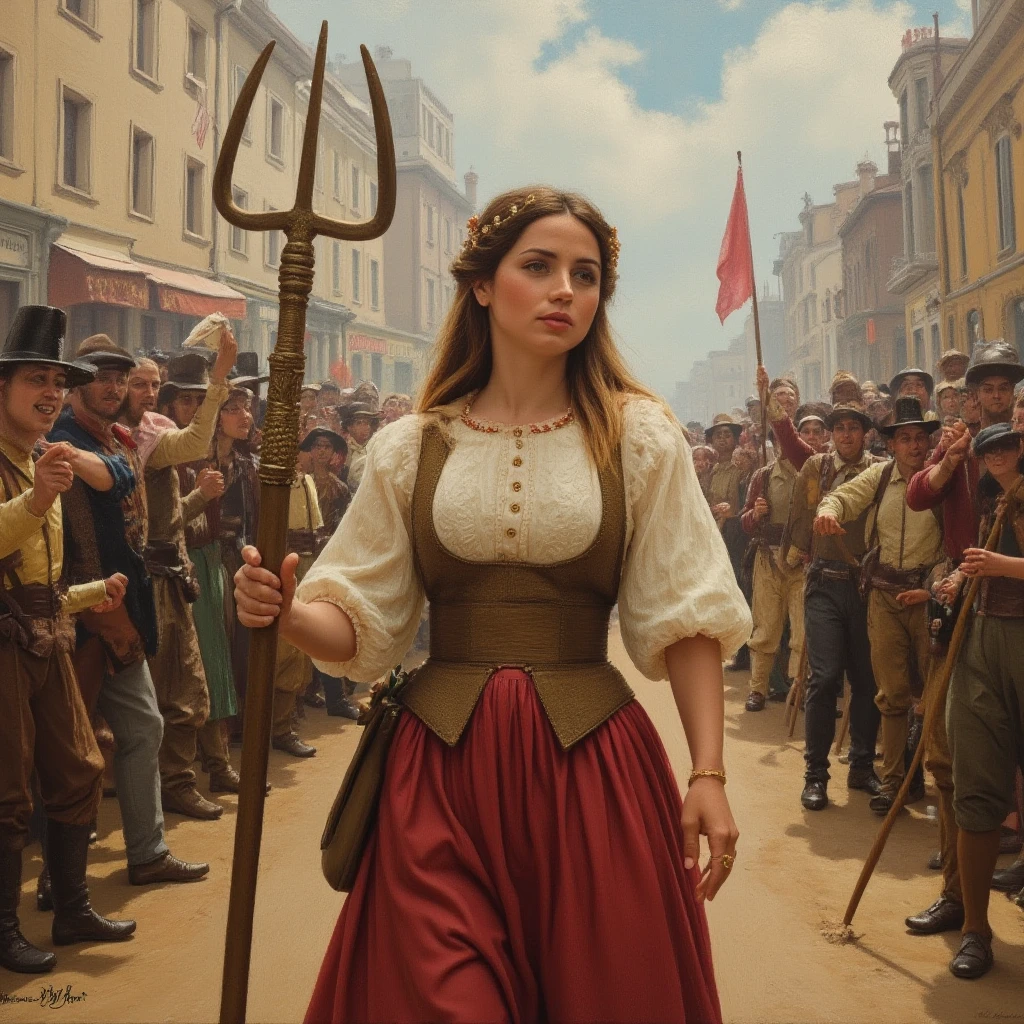 (Beautiful impressionistic oil painting) of a woman in the 1870s in france during the french revolution holding a three-pronged simple pitchfork and leading a rabble of shouting people to the bastille. She is clothed in french peasant clothing of the early 19th century and has a determined look on her face., , <lora:anarmas_local_v2_large-merge_41v1_11v3_04_06_05_11v4_05:1>