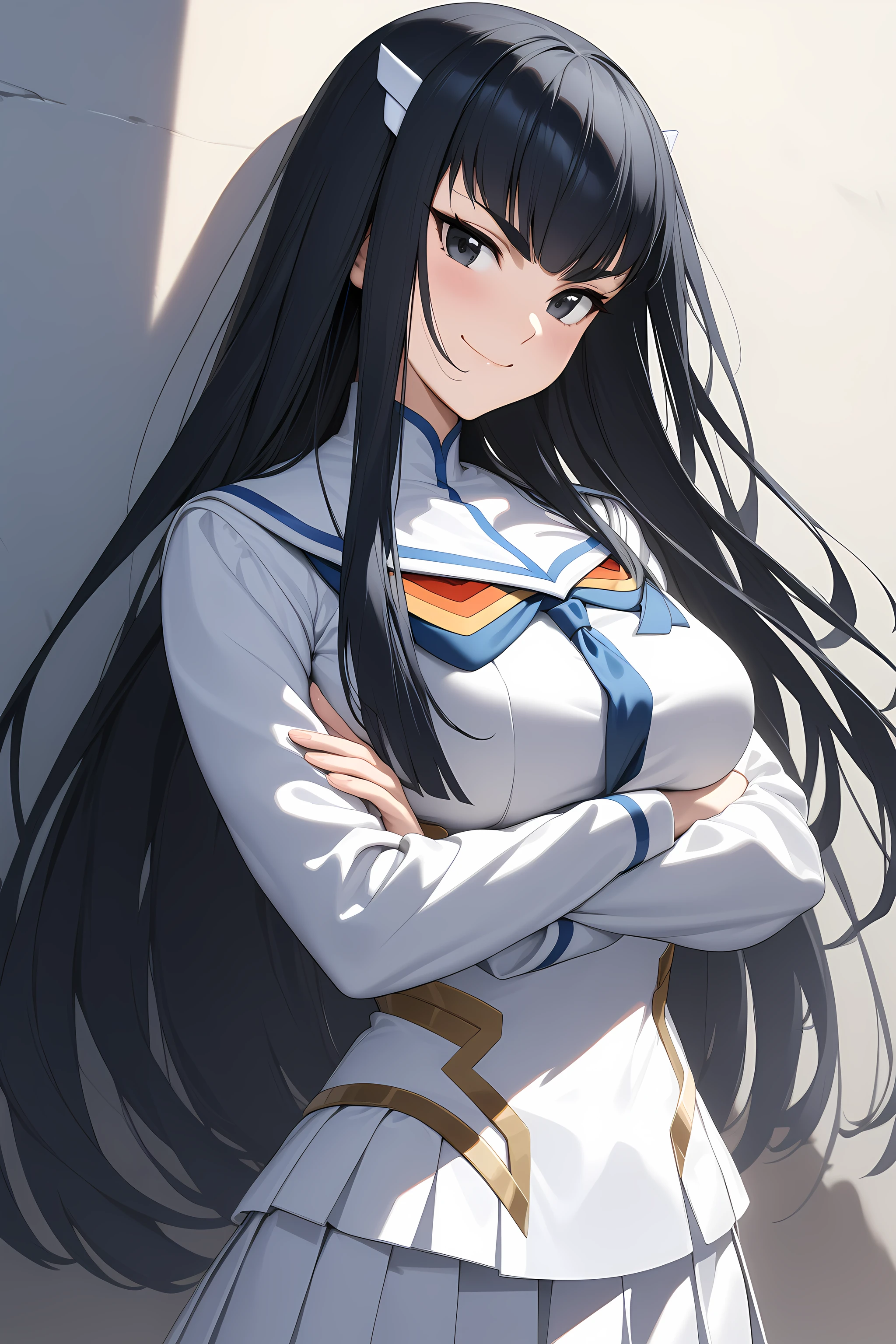 kiryuin_satsuki, black hair, long hair, schooluniform, white uniform, black eyes, cowboy shot, crossed arms, smile, <lora:Kiryuin_Satsuki_-_Kill_La_Kill:1>, (masterpiece),(best quality),(ultra-detailed),(best illustration),(best shadow),(absurdres),(detailed background),(very aesthetic),