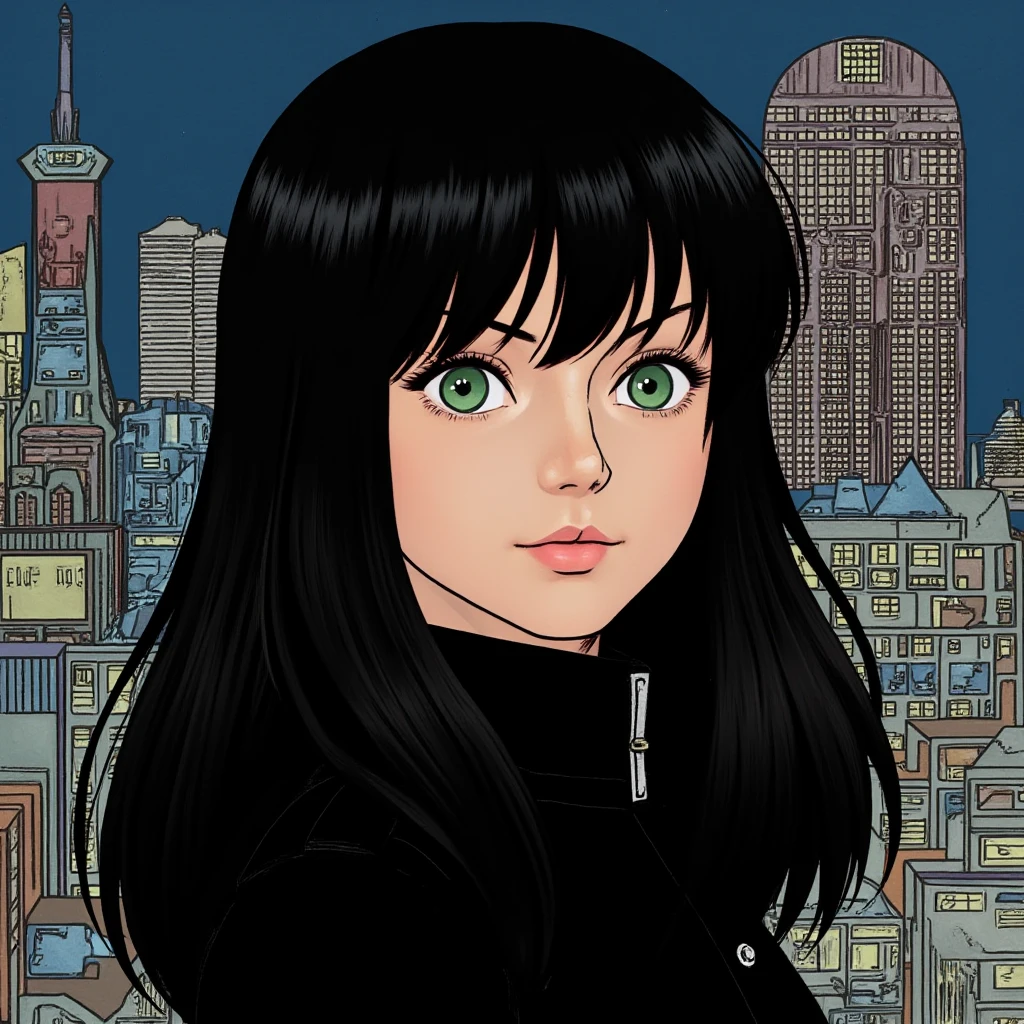 ((Retro 90s Anime style illustration)) drawing of a closeup on face of woman wearing a long black trench-coat futuristic city in the background in the style of the 90s anime Akira., , <lora:anarmas_local_v2_large-merge_41v1_11v3_04_06_05_11v4_05:1>