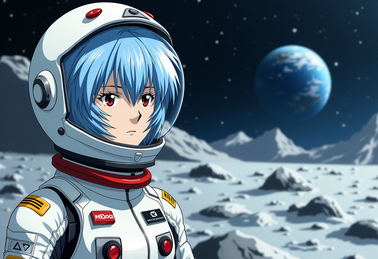 A detailed solo portrait of ppayanamirei, light blue hair,
Anime style, sharp, high contrast and highly detailed.,.
 <lora:evangelion_ayanami_rei_flux_v1_2-000008:1>,
She is wearing a space suit and helmet, on the wilderness on the moon surface. She looks into the dark sky, where earth is visible. Focus on the upper body so her facial expression can be seen through the helmet, and the wilderness of moon surface is in the background.