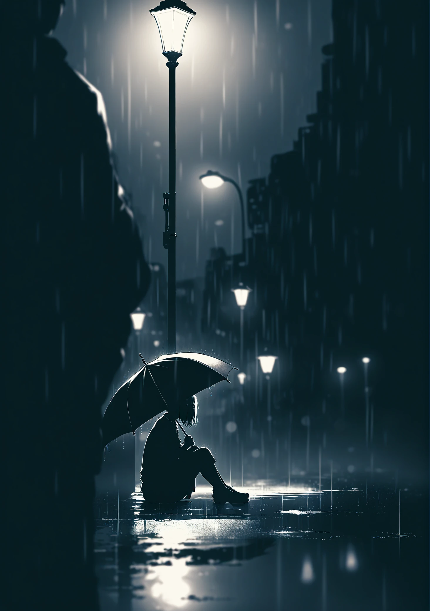 best quality,masterpiece,absurdres,newest,
(very dark theme:1.3),weaklight, moody lighting,
umbrella, greyscale, monochrome, rain, lamppost, blurry, solo, sitting, outdoors, blurry background, depth of field, bokeh, holding, holding umbrella, road, 1girl, reflection, night, from side, 1boy,puddle
This black-and-white photograph captures a solitary figure sitting on a bench in a rainy, deserted urban street at night. The person, dressed in dark clothing, holds an umbrella, shielding themselves from the heavy rain. The wet pavement reflects the dim, artificial light from street lamps, creating a moody atmosphere. The background is slightly blurred, emphasizing the depth of field and the focus on the subject. The composition uses a low camera angle, enhancing the feeling of solitude and isolation.