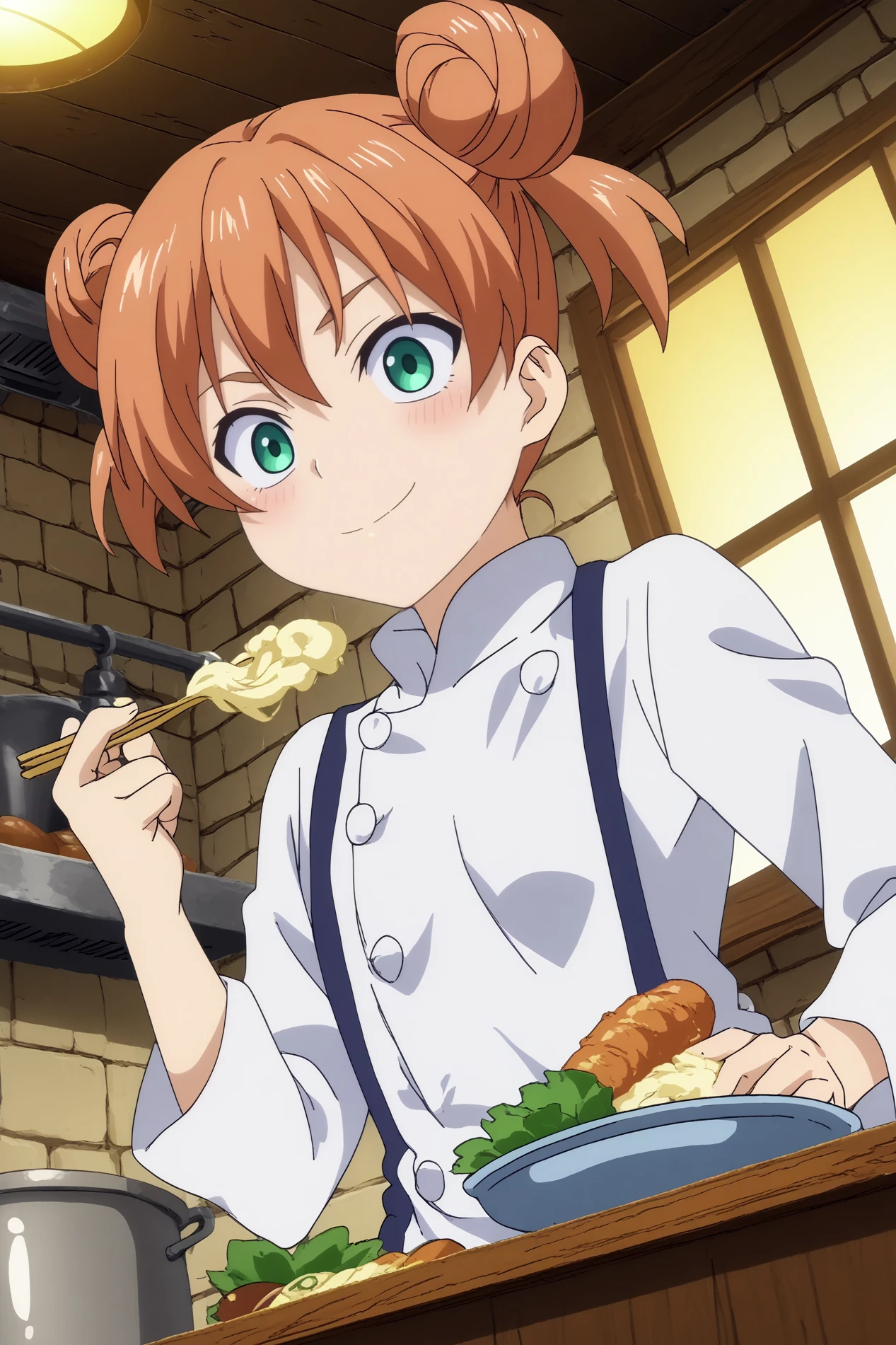  yuki yoshino,1girl,solo,looking_at_viewer,smile,blush,upper body,double bun,hair bun,chef,white shirt,white pants,short hair,twintails,dutch angle,cooking noodles, ramen,good_hands BREAK indoors,Cozy,white walls,small sink, marble countertop, food,vegetables,fridge,fruit, warm light, vintage stove behind,window with a garden, kitchen,orange brick wall,restaurant kitchen   <lora:Yuki_Yoshino_-_Food_Wars.safetensors:0.8> <lora:detailed_backgrounds_v2.safetensors:0.8>