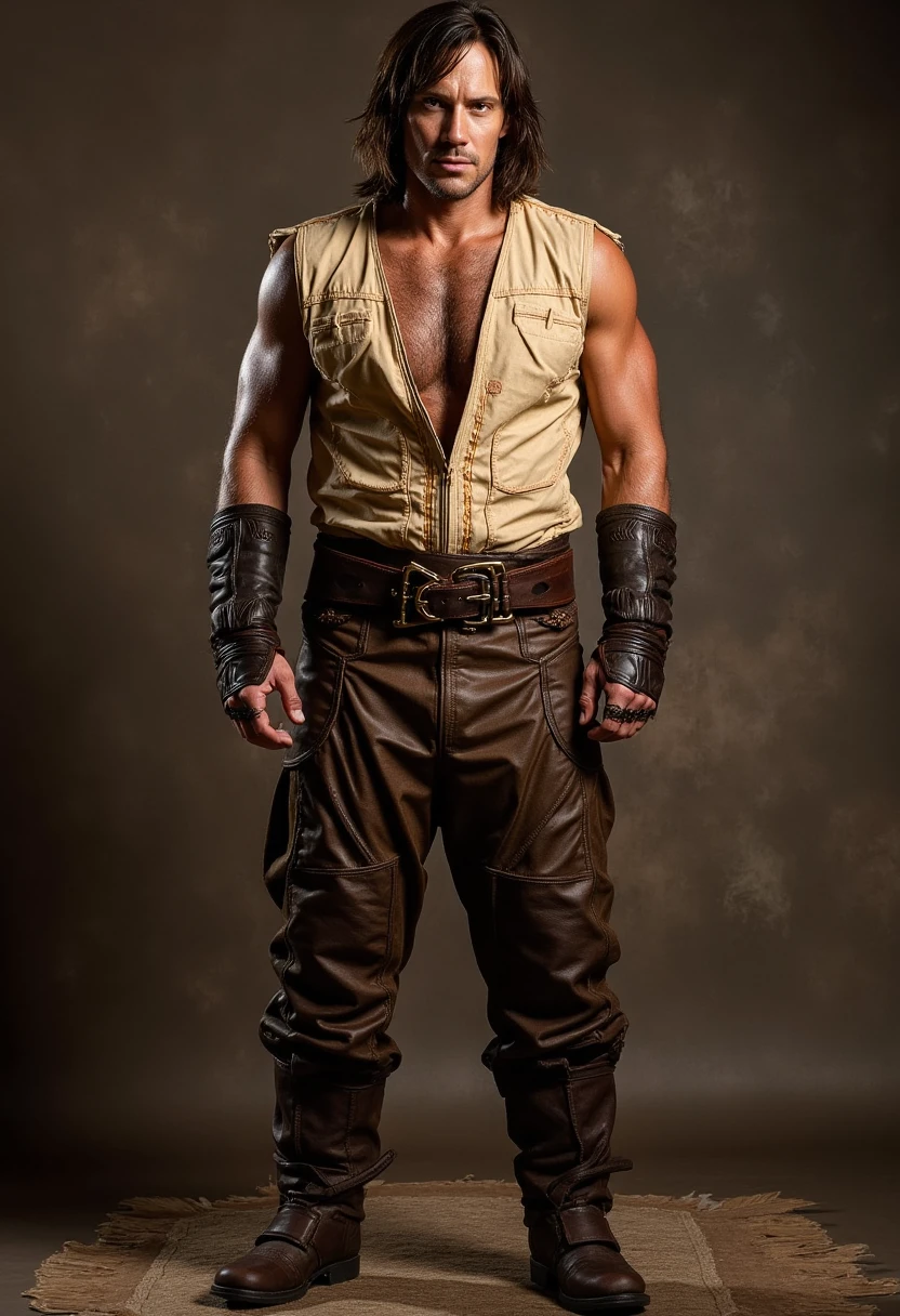 portrait, KS man is Hercules, wearing leather vest, wrist gauntlets, pants, belt, and leather boot covers uhd, 4k 