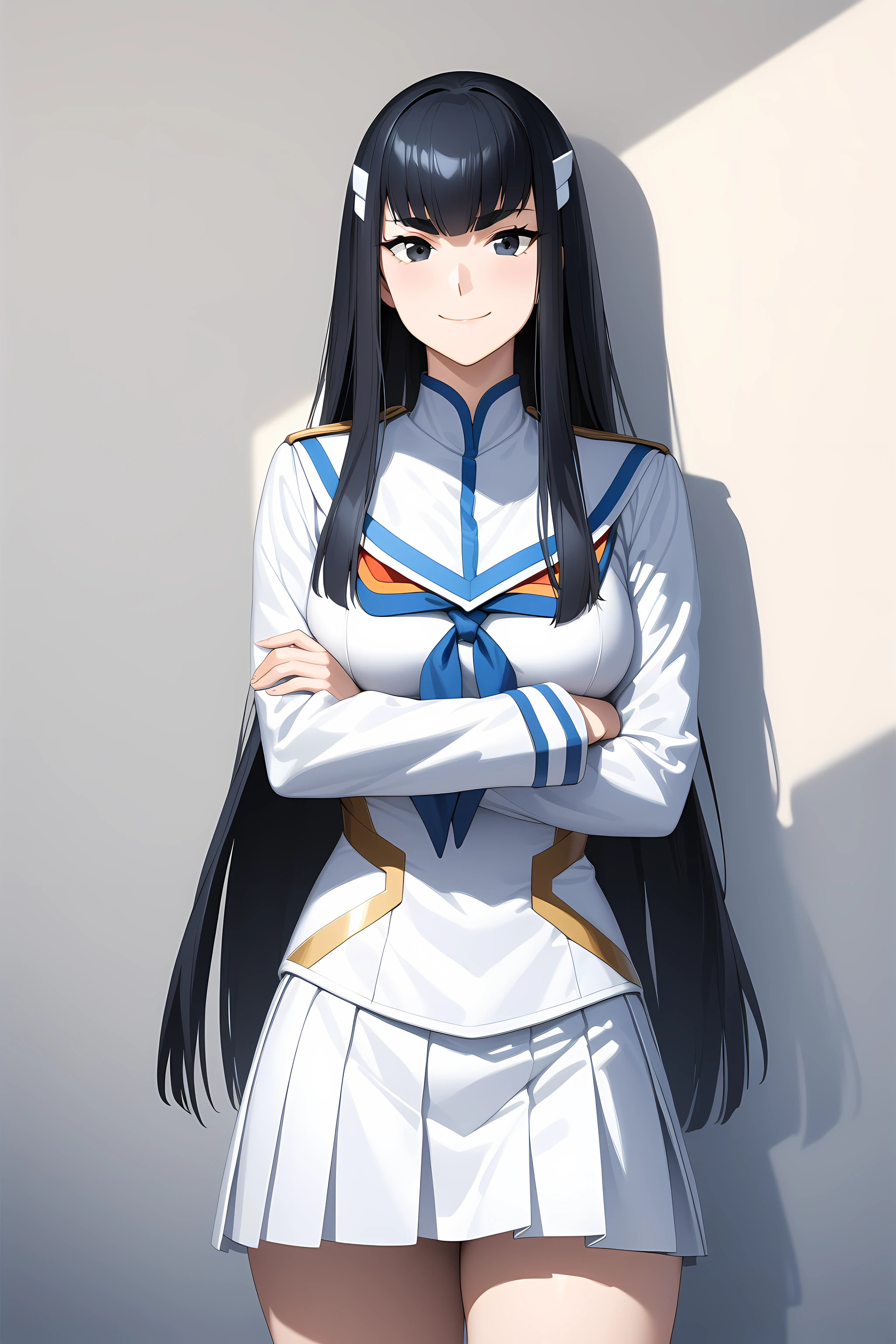 kiryuin_satsuki, black hair, long hair, schooluniform, white uniform, black eyes, cowboy shot, crossed arms, smile, <lora:Kiryuin_Satsuki_-_Kill_La_Kill:1>, (masterpiece),(best quality),(ultra-detailed),(best illustration),(best shadow),(absurdres),(detailed background),(very aesthetic),