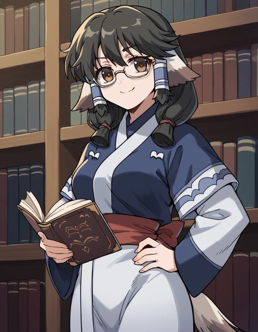 score_9, score_8_up, score_7_up, source_anime, <lora:utawarerumono-aruruu-s2-ponyxl-lora-nochekaiser:1>, aruruu, black hair, animal ears, brown eyes, dog ears, medium breasts,, tail, ainu clothes, long sleeves,, library, reading books, glasses, quiet, focused, shelves of books, smile, looking at viewer, smug, hand on hips,, solo,, dutch angle, cowboy shot