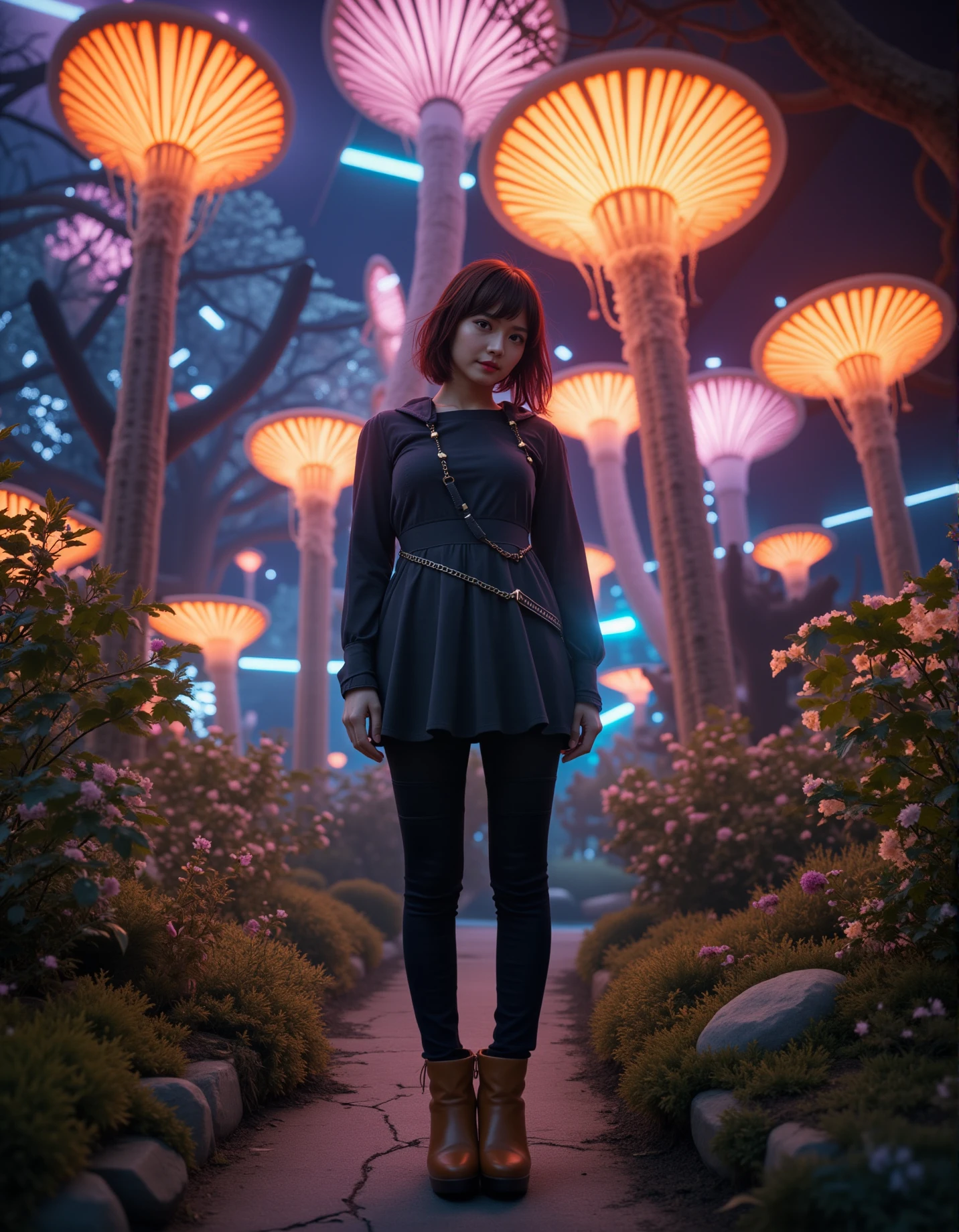 A gorgeous woman with shoulder-length maroon hair and stylish bangs, standing confidently in the enchanting Myconid Haven, where luminescent fungal canopies glow softly above her. She wears ankle boots in a rich cognac leather with a chunky heel, adding a touch of sophistication to her look. The scene is captured in ultra-real, raw digital photography style, evoking a sense of magic realism, with the surreal beauty of the glowing fungi contrasted against her chic, modern appearance. The lighting is a combination of gel lights that cast a mystical, colorful glow over the scene, reminiscent of a Kodak Portra 400 film's vibrant and rich tones. The intricate details of her outfit and the mesmerizing environment around her are captured with a mastery that blurs the line between reality and fantasy, creating a masterpiece that feels both otherworldly and grounded in raw beauty The natural light highlights her confident posture and elegant features, contrasts beautifully with her modern, stylish appearance. The atmosphere is serene, with the warm sunlight casting soft shadows and enhancing the overall balance between youthfulness and cultural heritage in the composition. Delicate flower and plant arrangements adorn her surroundings, bathed in dynamic chiaroscuro's dramatic play of light and shadow. High-resolution details reveal perfect anatomy, drawing the viewer in with its awe-inspiring beauty. The scene is centered, radiating an atmosphere of mystery as the subject's captivating pose fills the frame. With a smooth, sharp focus, the illustration bursts forth in high definition, accent lighting casting an otherworldly glow amidst contrasting bright paint colors on concept art.