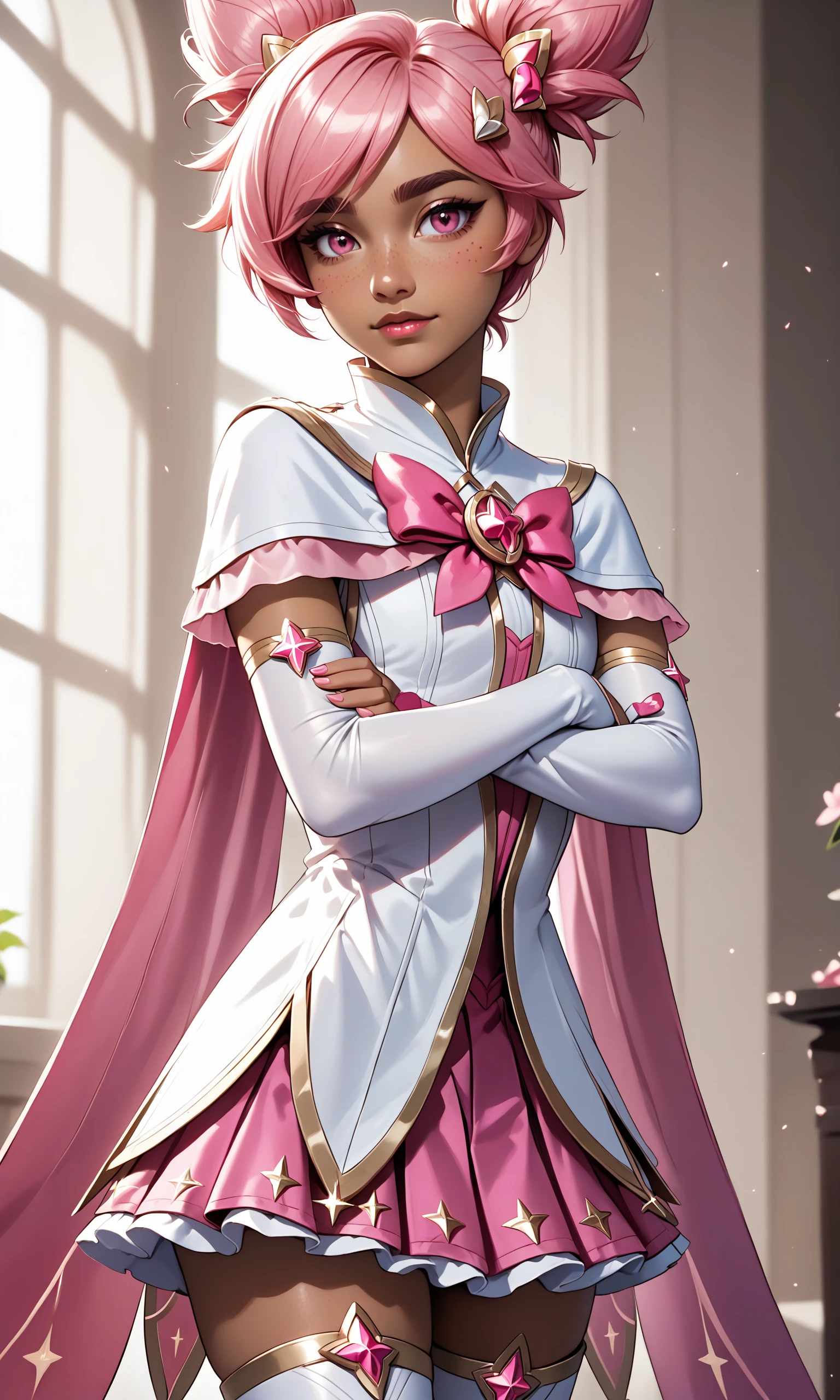 score_9, score_8_up, score_7_up, (solo, 1girl), (absurdres, ,highres), (masterpiece, best quality), (perfect details, highest detailed, extreme detailed),<lora:SGTaliyahSDXL:0.9>,  star guardian taliyah, thighhighs , pink skirt, arm sleeve, twin buns,  pink eyes, hair ornament,  pink bow,  dark-skinned female, boots,  thick eyebrows, arms crossed, confident, freckles