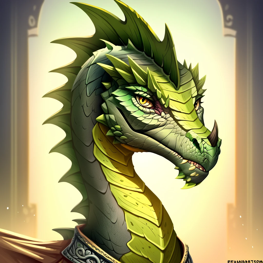 score_9, score_8_up, 2.5d, masterpiece, highres, absurdres, source_cartoon , 
BREAK
feral dragon, yellow eyes, dark green horns, spine, greendrg, (green scales:1.5), portrait , green body, solo, hi res , detail background 