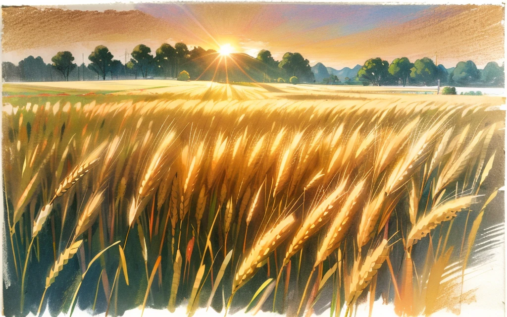 best quality,masterpiece
 <lora:oiilpastel_V02:1>  oiilpastel,traditional media, soft color, sketch brush stroke, oil pastel drawing,, scenery,A sun-drenched summer wheat field, golden hues radiating joy and abundance