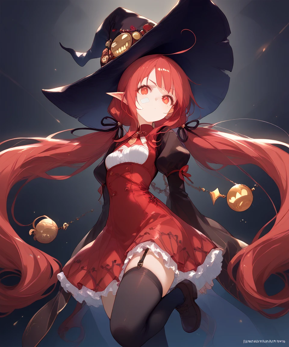 score_9,score_8_up,score_7_up,source_anime,zPDXL3,<lora:魔道学者:0.8>,modao,1girl,solo,red hair,bangs,red eyes,pointy ears,glowing eyes,bandaid on face,hat,witch hat,black thighhighs,thighhighs,witch,puffy sleeves,long sleeves,skirt,red skirt,black thighhighs,jewelry,garter straps,arms_behind_back,