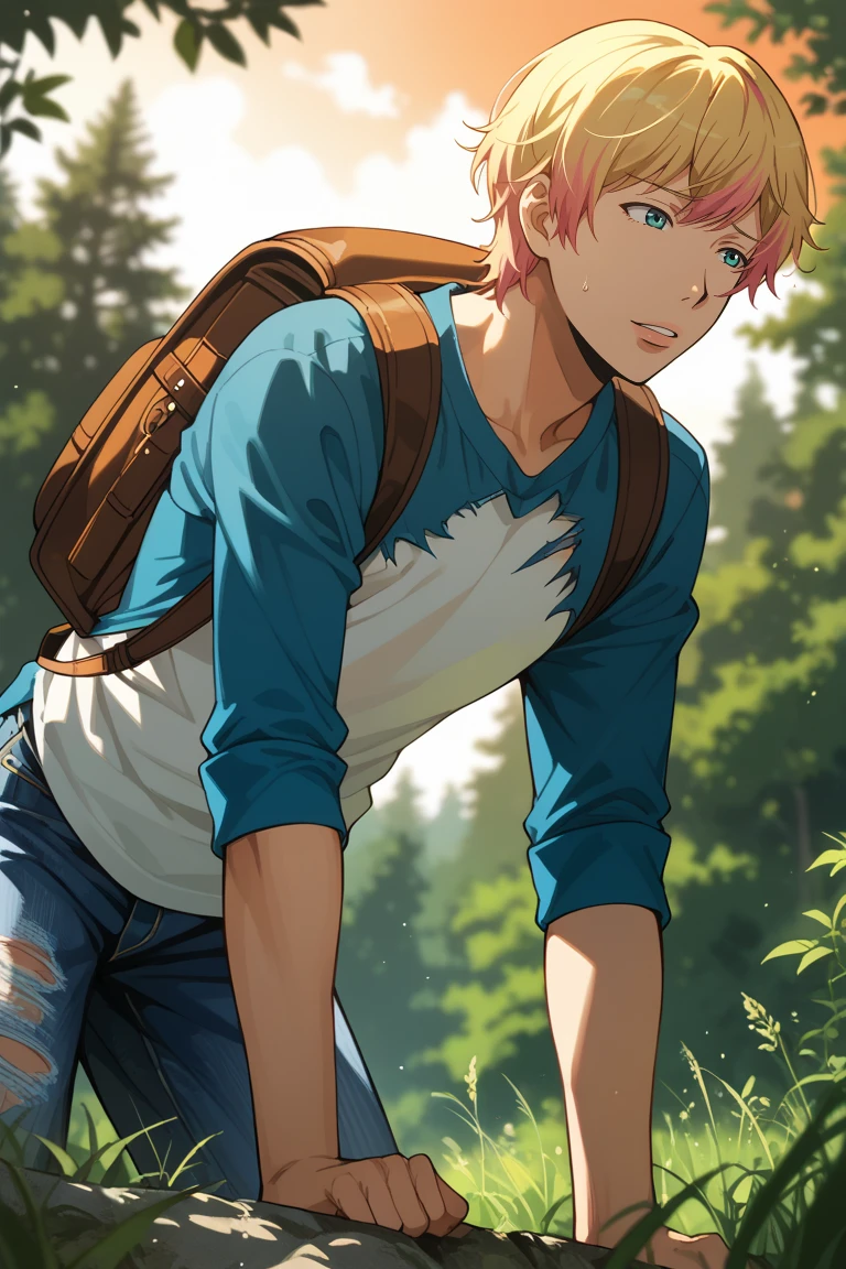 score_9, score_8_up, score_7_up, source_anime, rating_questionable, afternoon, sunset, natural lighting, male focus, on all fours, looking away, TakuyaAC, blonde-pink_Takuya_multicolored hair, blue_Takuya_eyes, bag, backpack, raglan sleeves, torn jeans, serious, 1boy, blurry outdoors forest, orange sky, from below, dutch angle, intricately detailed illustration, atmospheric perspective, depth of field, realistic shading