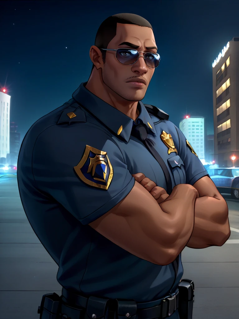 portrait of Jefferson_m man, dark skinned male, bara, muscular, police officer, sunglasses, facial hair, bara, black skin,  <lora:Jefferson_Morales_Spiderverse:.7> dark skin, city background, serious expression, arms crossed, police siren lights in background, dark lighting, night