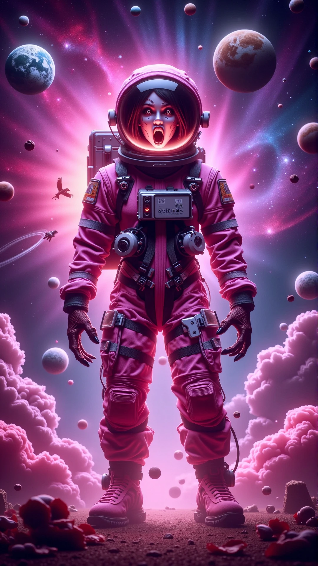 a photorealistic dark cursed moody screaming bubblegum pink spacesuit, female astronaut, standing, exploring, friendly expression, vibrant pink and purple nebula in the background, stars, planets, space, detailed and colorful, intricate textures, illuminated helmet, professional lighting, dynamic pose, adventure, excitement, wonder, high quality, detailed, artstation, concept art, illustration, digital painting, vibrant colors, surreal, fantastical, sci-fi, space exploration, futuristic, imagination, inspiring, awe-inspiring, breathtaking, captivating, masterpiece <lora:DarkmosphericFluxV2:1>,