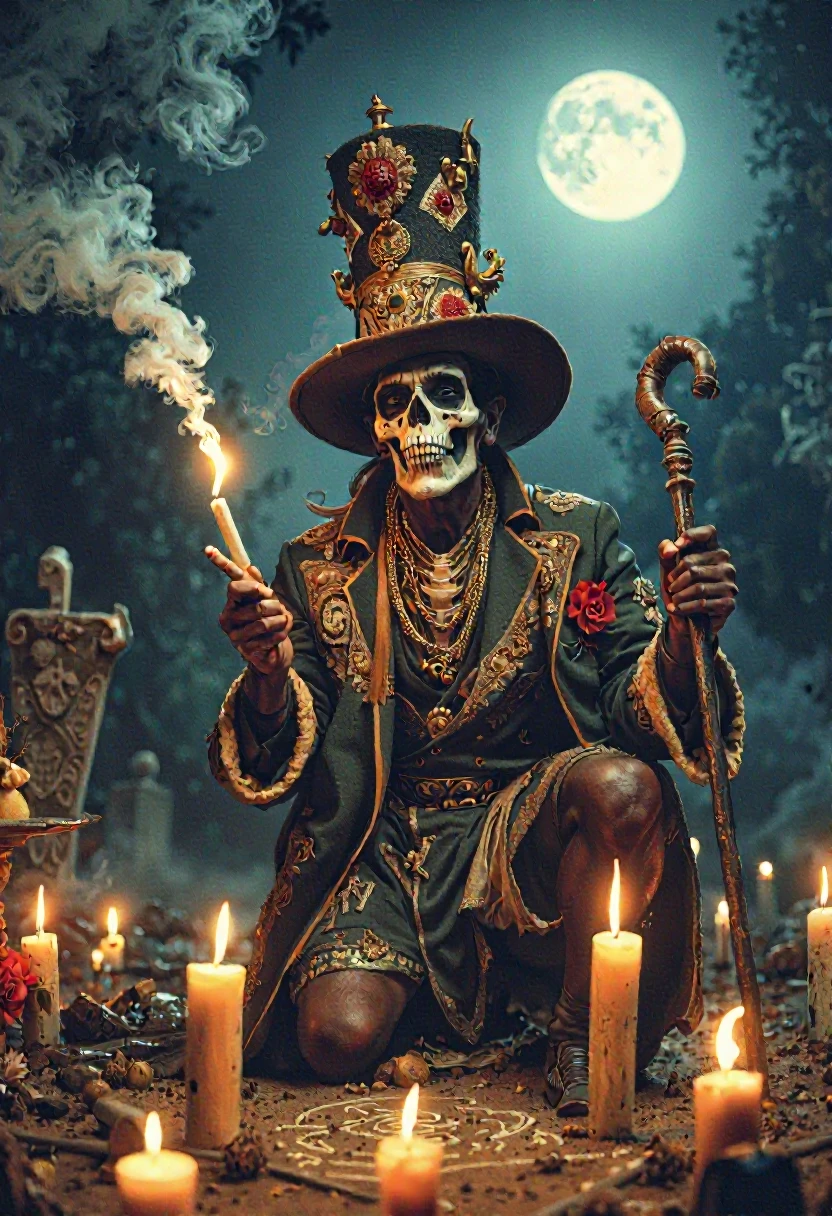 8k , uhd, masterpiece , baron_samedi,An intense  photo of Baron Samedi performing a voodoo ritual. He holds a cane and a lit cigar, his skeletal face makeup glowing faintly under the moonlight. The ritual scene is bathed in dark shadows, with symbols drawn in the dirt around him.the scene is on a graveyard, Many candles lit around him.