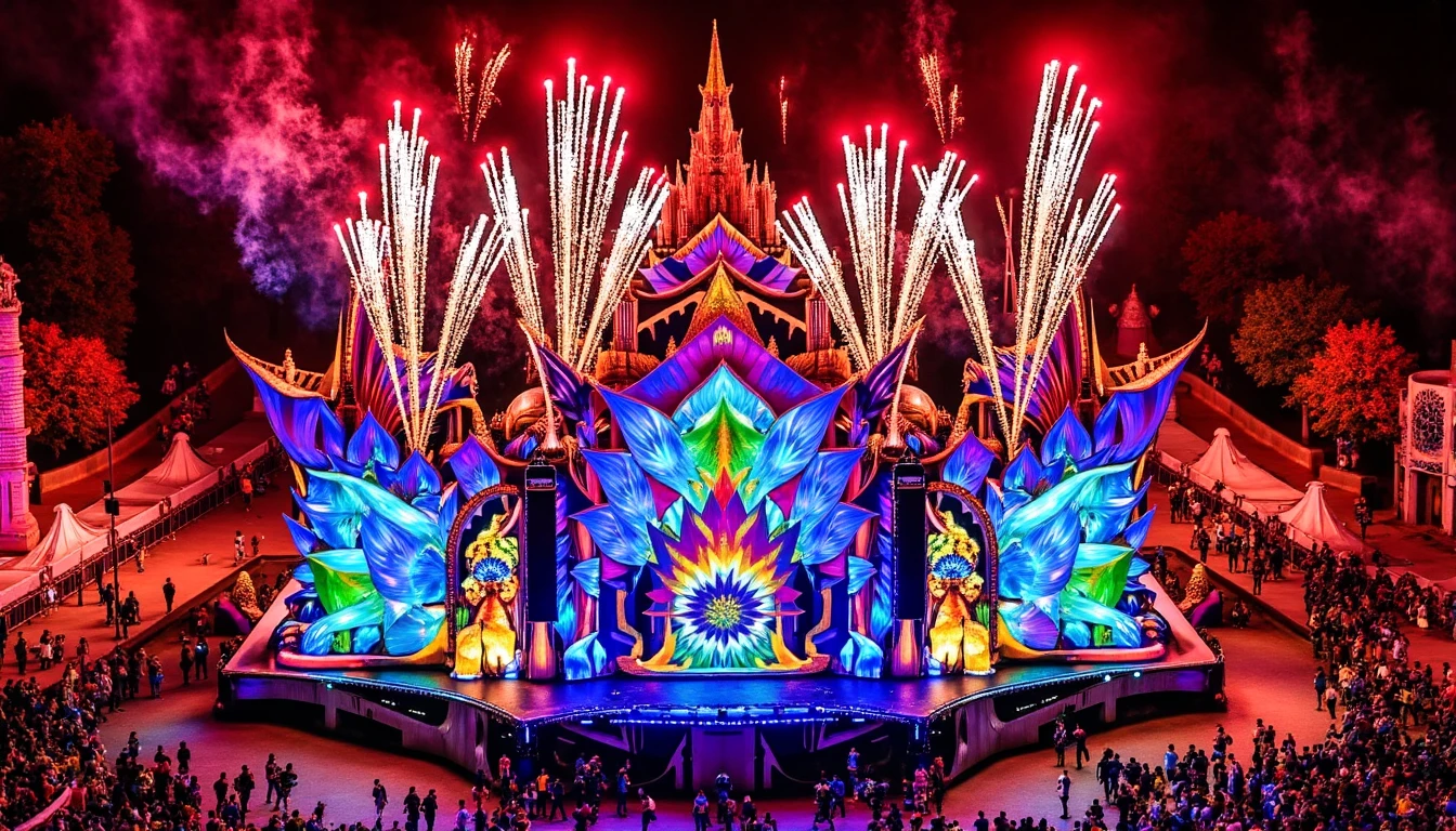 3dm_f35t1v47, illuminated by colorful lights and fireworks in the sky. the stage is surrounded by trees and buildings