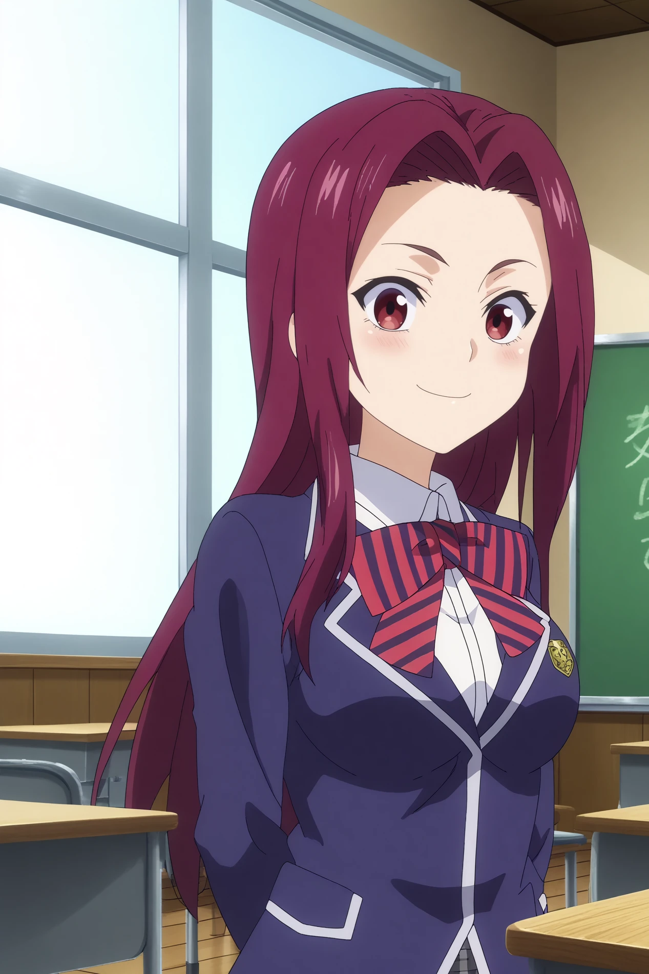 Sakaki Ryoko,1girl,solo,looking_at_viewer,purple hair, long hair,smile,breasts,school uniform,jacket,stripped bow,smile,blush,arms behind the back,upper body,waving,  BREAK indoors,japanese classroom,classroom,simple decor, organized shelves, neat rows, kanji on the board,windows,blue sky,Wooden floors, low desks, chalkboard, sliding doors, sunlight, quiet, neat rows,cowboy shot   <lora:Sakaki_Ryoko_-_Food_Wars.safetensors:0.8> <lora:detailed_backgrounds_v2.safetensors:0.8>