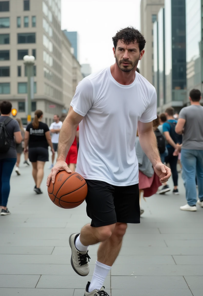 man, facial hair, half body shot, wearing a basic, no-frills basketball uniform – plain white jersey with black shorts – casually dribbling a basketball in an unexpected setting: the middle of a bustling city square. His conservative outfit contrasts with the vibrant urban surroundings. The image is captured using a high-end, ultra-wide lens digital camera, making the tall buildings loom large in the background, and the city crowd blurs slightly in motion