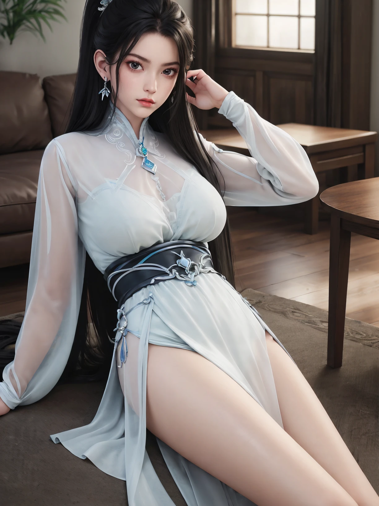 masterpiece,detail clothes,high detail,best quality,8k,absurdres,highres,
<lora:ningyao-Vision:0.7>,ningyao,1girl,solo,dress,earrings,large breasts,hair ornament,black hair,closed mouth,expressionless,thin,jewelry,ponytail,long hair,(pale skin:1.3),(shiny skin:1.2),(white skin:1.2),looking at viewer,see-through,long dress,pelvic curtain,
living room,modern sense,perfect light,shiny,glowing,(blight:1.4),shiny,window,sunlight,
side slit,bare legs,(lying:1.2),on back,