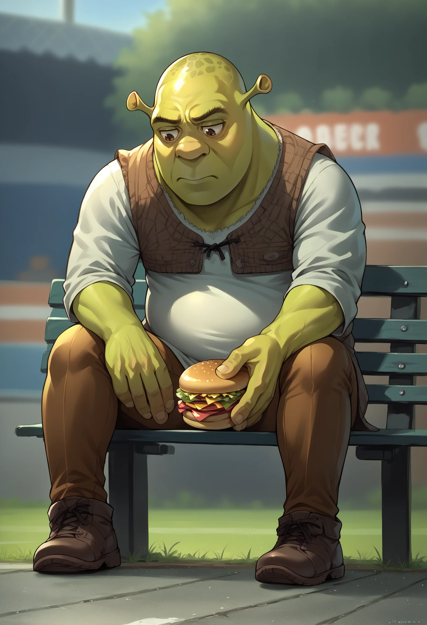 score_9, score_8_up,score_7_up, source_anime, solo, 1boy, 
sdknpb, sitting on bench, outdoors, park bench, hand on own knee, sad, leaning forward, holding, holding food, burger, looking down,
stadium, 
 shrek, green skin
<lora:sdknpb_pdxl_EliPot:1> <lora:Shrek_XLPD:1>