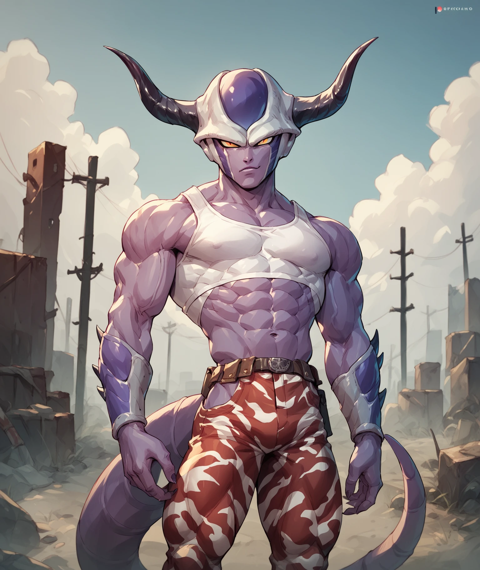 <lora:Friezas_Race_Dragon_Ball_Z_Frost_demon_Frieza_Clan:1> frost demon, horns, blue color scheme, wasteland, white crop top with graphic print and black logo, gray and red camouflage leggings, male, score_9, score_8_up, score_7_up, masterpiece, high quality, 8K, <lora:detailed_notrigger:1>