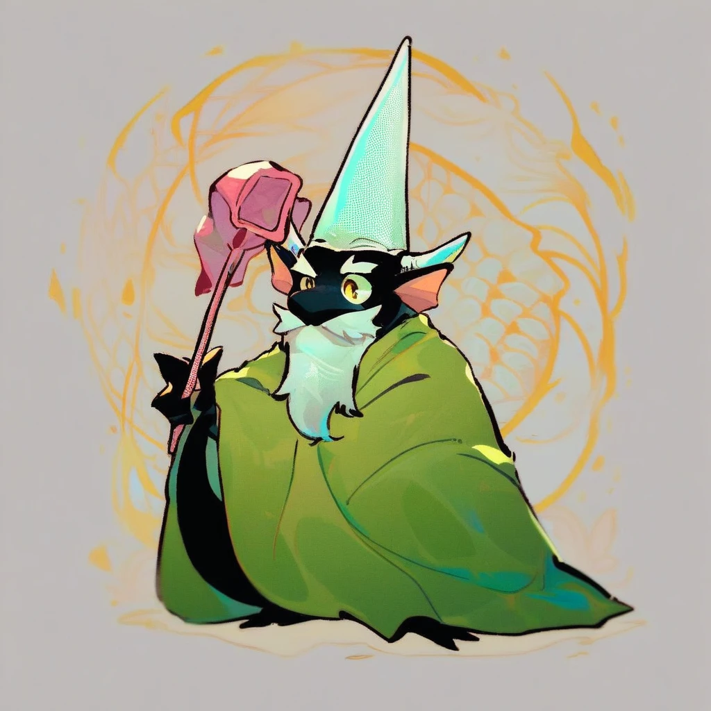 score_9_up, score_8_up, score_7_up, source_furry, mikus-concept, crawly green gnome, green robe, cone hat, white beard, black dragon, black body, white horns, yellow eyes