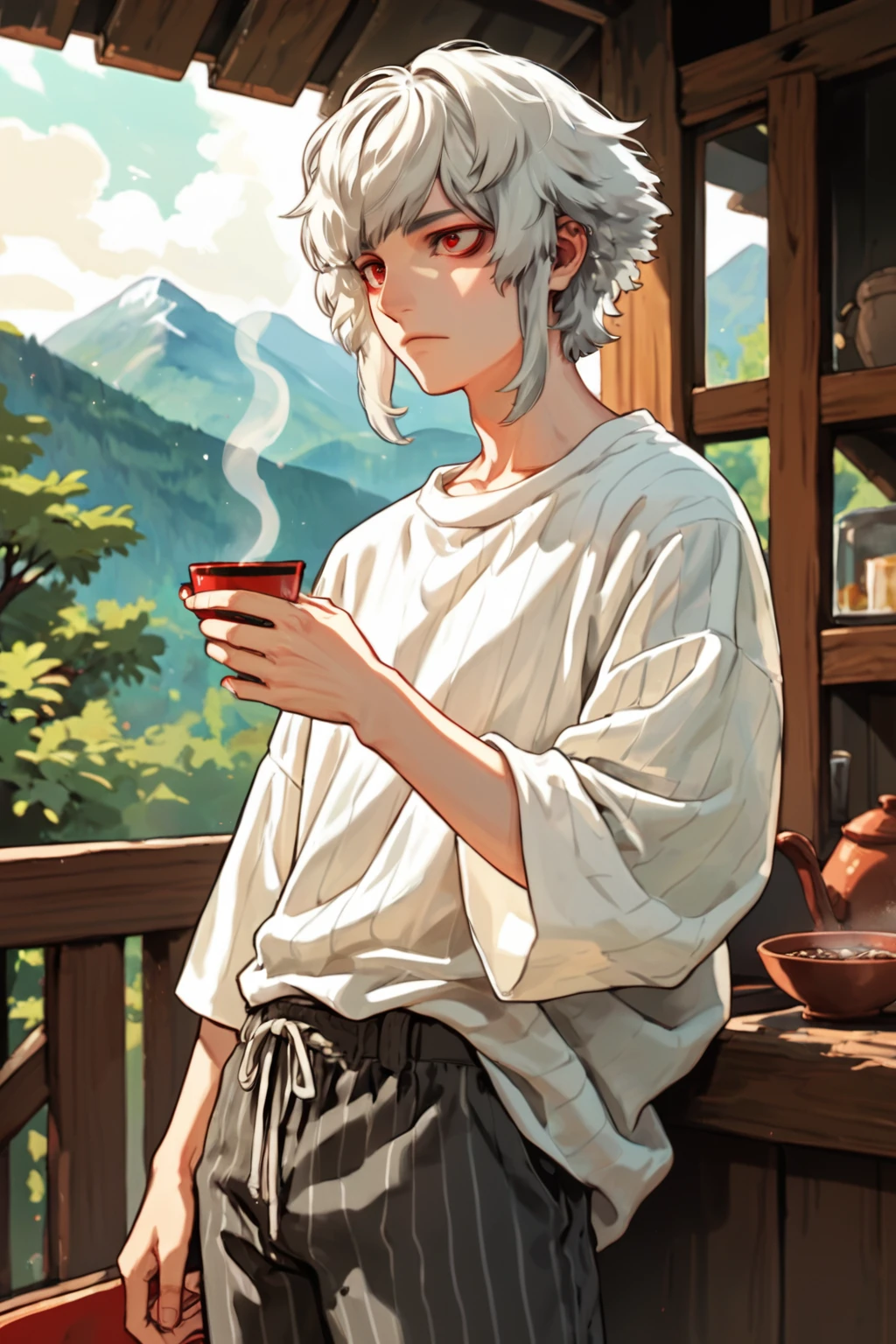 brother one, solo male focus, platinum hair, bob hairstyle, iridescent red eyes, fuzzy lounge pants, oversized striped shirt, holding tea, mountain cabin, <lora:brotheronePXL:0.6>, (score_9, score_8_up, score_7_up)