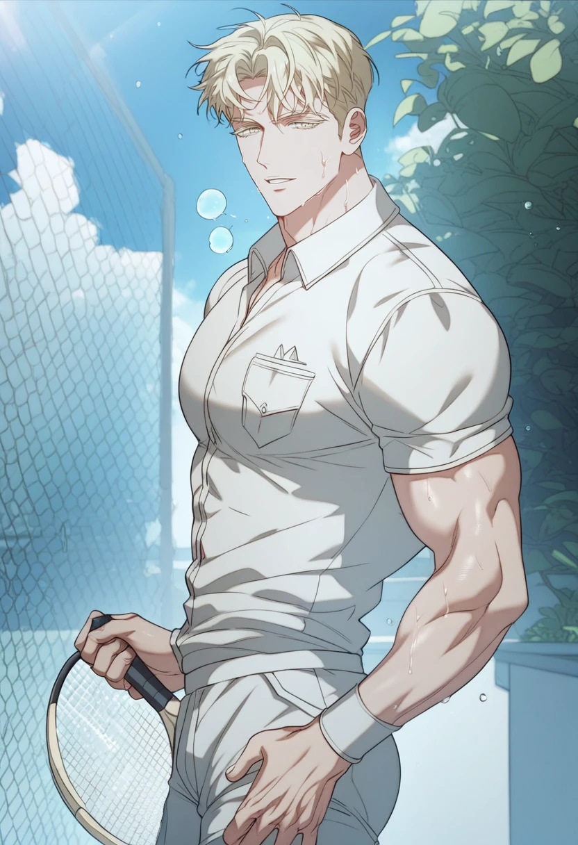 score_9,score_8_up,score_7_up,1boy,solo,yaoi,bara,male focus,fairly nsfw,uncersored,highres,best quality,amazing quality,best aesthetic,absurdres,<lora:add-detail-xl:1>,<lora:Expressive_H:1>,Expressiveh,male focus,tennis_uniform,standing,holding hat,looking at viewer,sweat,parted lips,<lora:SEO_MIDO:0.7>,seo mido,short hair,blonde hair,colored eyelashes,