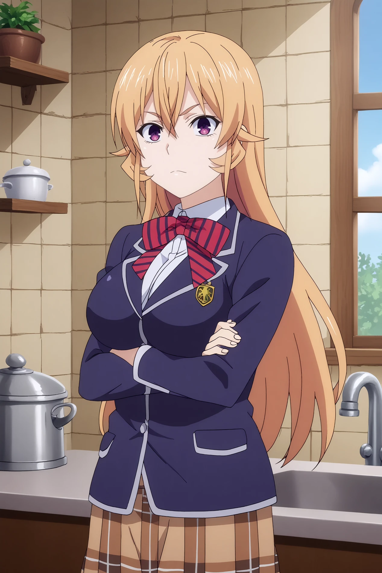 erina nakiri,1girl,solo,long hair,bangs,hair between eyes,school uniform,jacket,skirt,zettai ryouiki,,breasts,cowboy shot,looking at viewer,mature,upper body BREAK indoors,Cozy,white walls,small sink, marble countertop, herb pots, warm light, vintage stove behind,window with a garden, kitchen,orange brick wall,restaurant kitchen  Posing with arms crossed and leaning against a wall,  <lora:Erina_Nakiri_-_Food_Wars.safetensors:0.8>