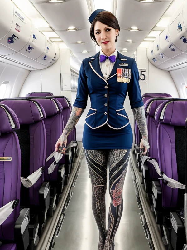 photo of a woman full body is  tattooed  <lora:DarkTatExStarz-SD15_epoch_8:0.9>   working as a stewardess