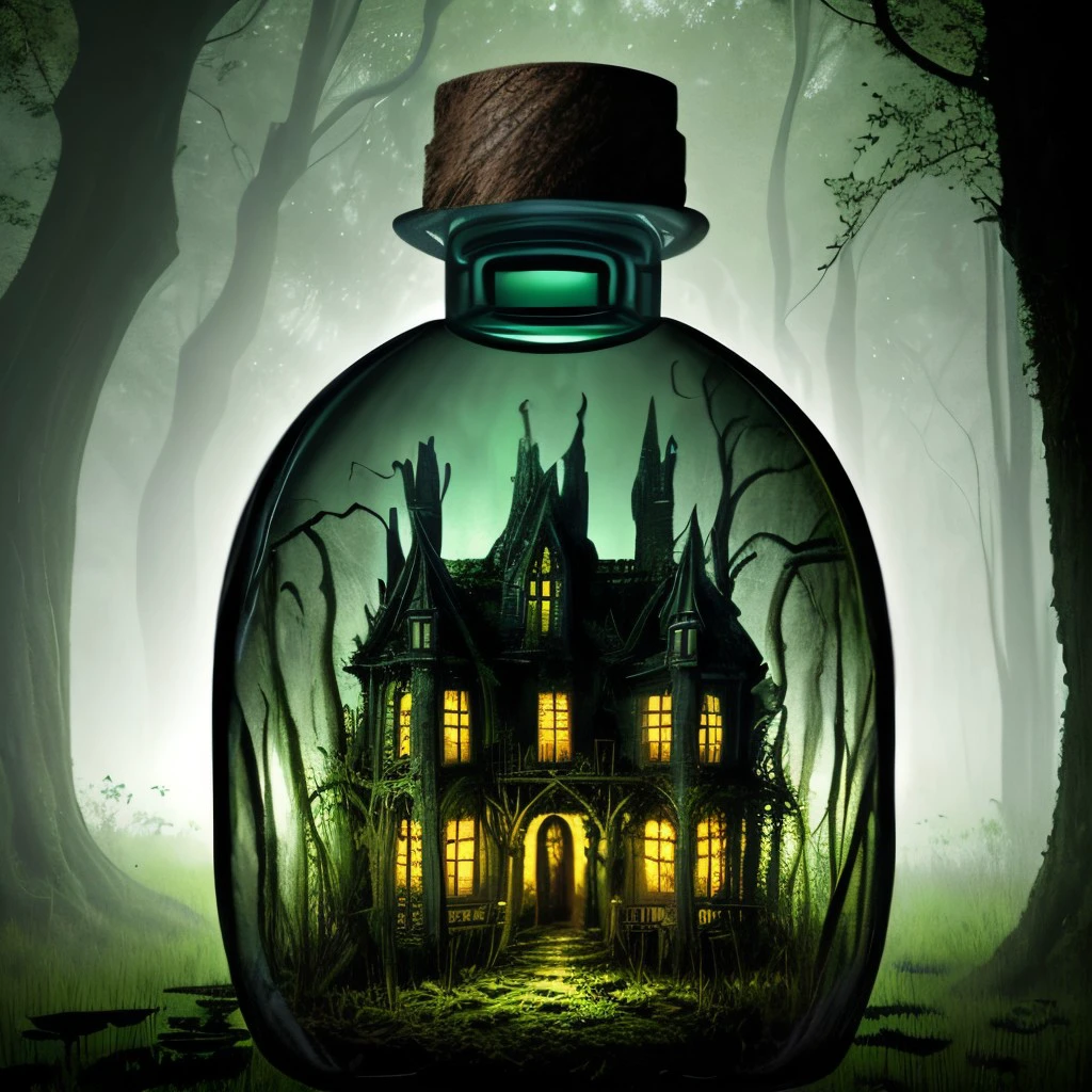 masterpiece, swamp, haunted house in a bottle,  enchanted forest, lighting effects, <lora:AppleBottle_v11:0.6>