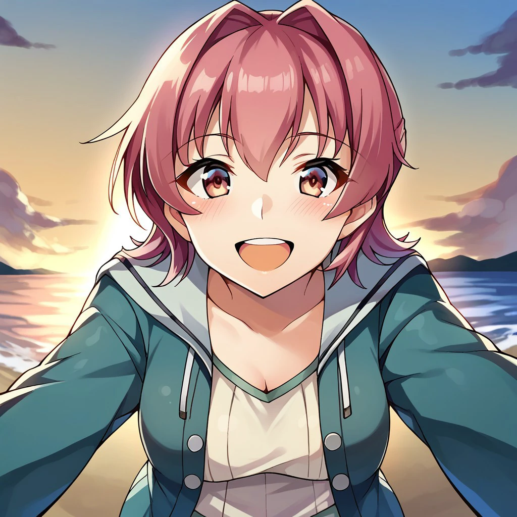 score_9, score_8, score_7, source_anime, kinu (kancolle), jacket, POV, looking at viewer, blush, smile, open mouth, upper teeth only, sunset, ocean