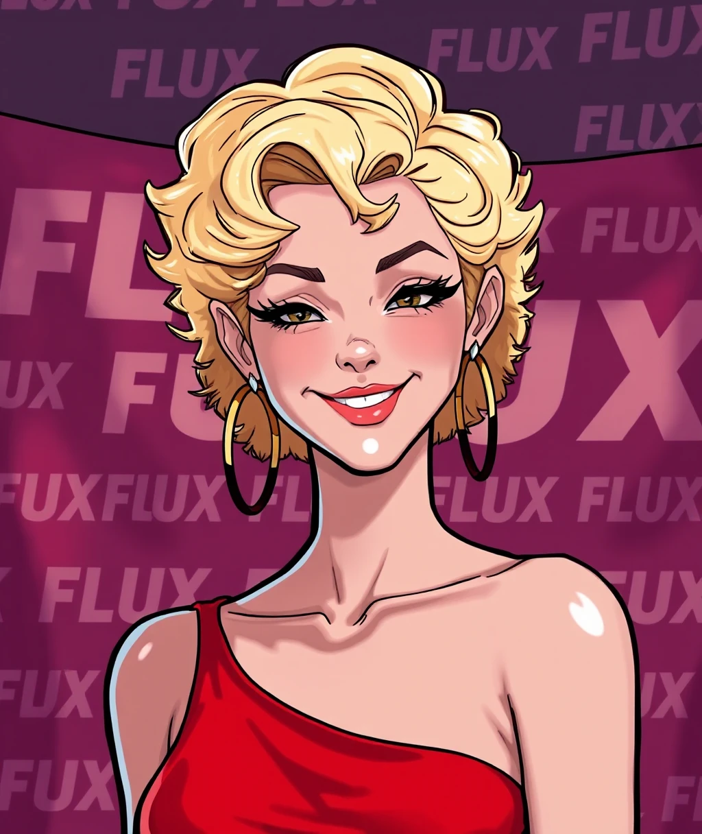 MikeyPie Art \(Artist\),  1 woman with short blonde curly hair, wearing a red dress with hoop earrings, smiling and wearing with eyeliner, background is a hollywood red-carpet style banner, background has the word "FLUX" in a repeating pattern