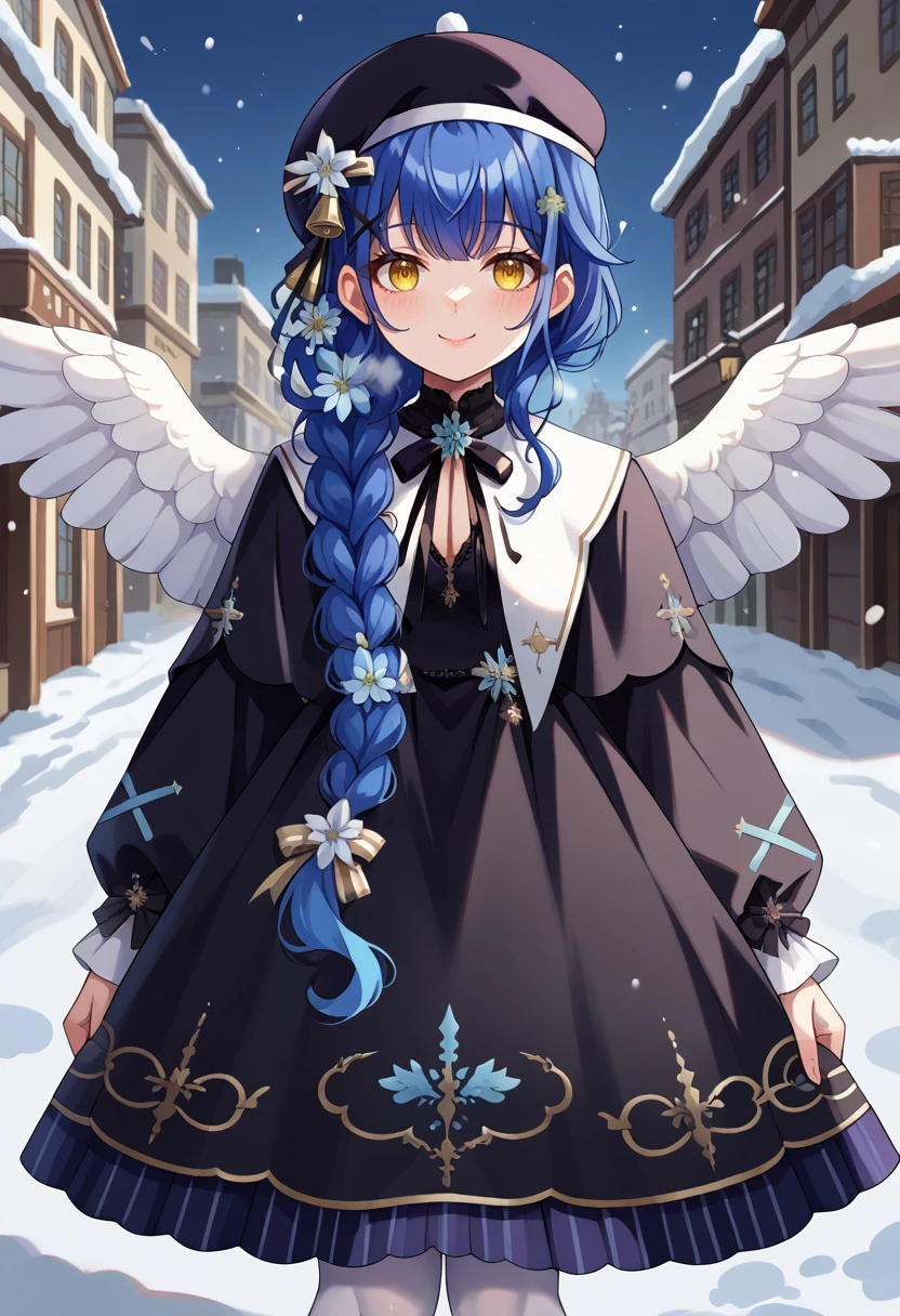 score_9, score_8_up, source_anime,  1girl, solo, KokoroChrstm, yellow eyes, blue hair, long hair, single braid, hair flower, black beret, hat ribbon, x hair ornament, white capelet, neck ribbon, black dress, long dress, long sleeves, white pantyhose, feathered wings, outdoors, street, snow, winter, smile, visible breath, <lora:ChamAmamiyaKokoroPonyXL:1>